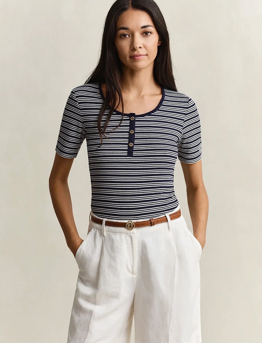 Gant - SLIM RIBBED SS HENLEY TOP - t-särgid - evening blue - 0