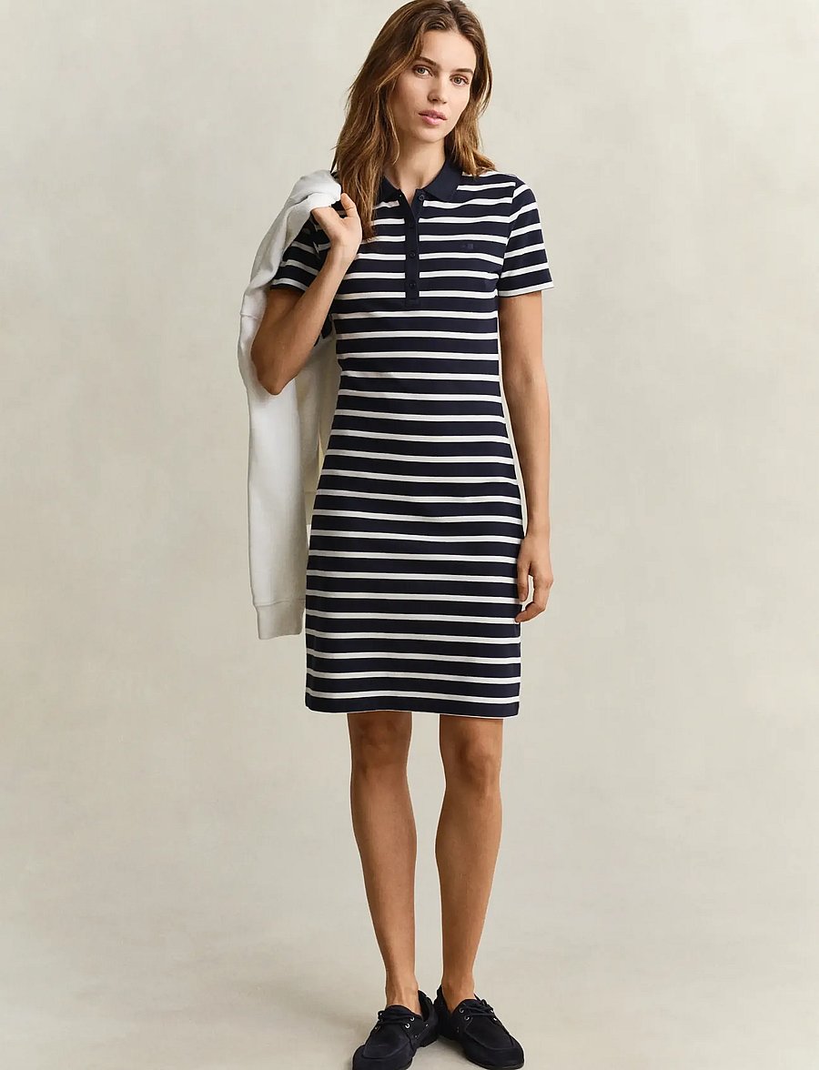 Gant - SLIM STRIPED SS PIQUE POLO DRESS - robes courtes - evening blue - 0