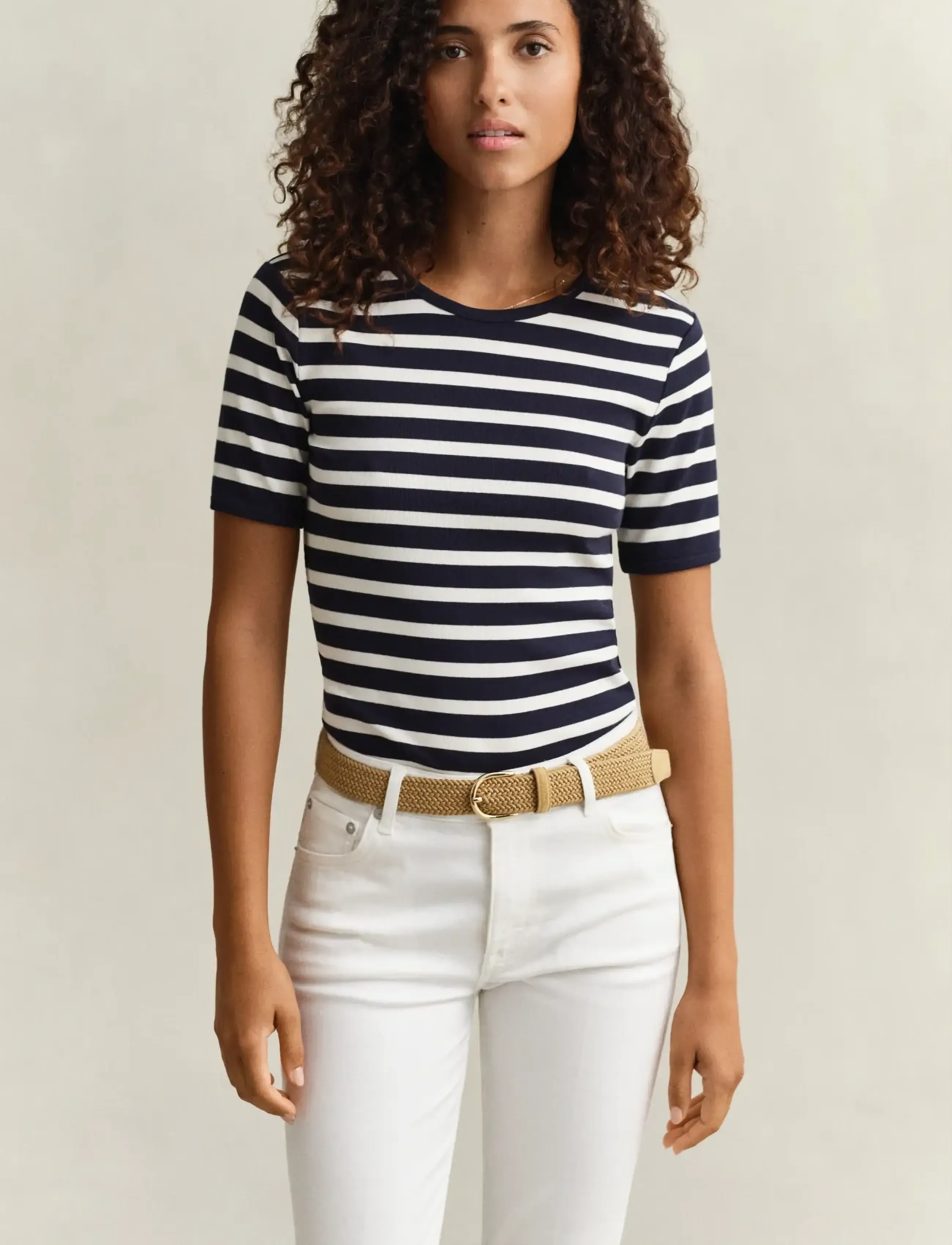 Gant STRIPED RIBBED SS T-SHIRT - T-shirts & Toppar - EVENING BLUE / navy