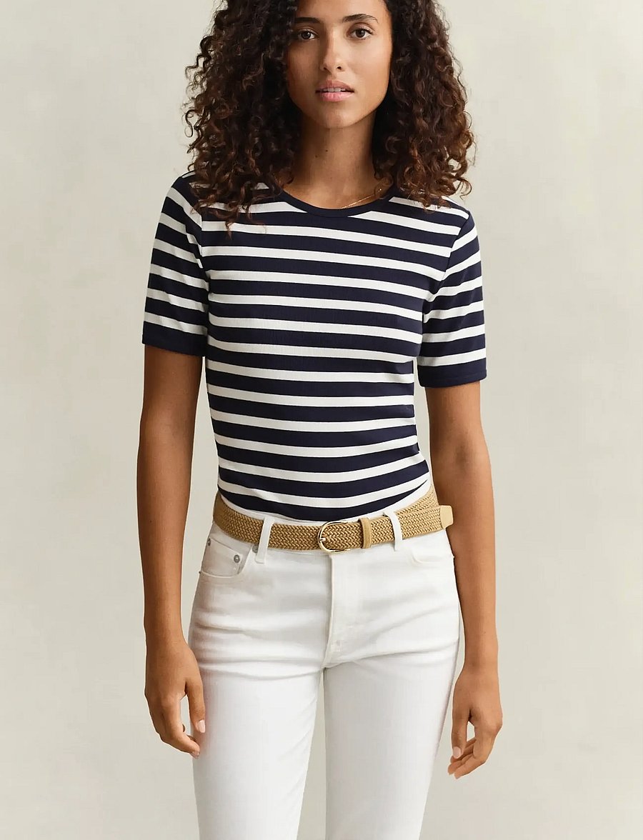 Gant - STRIPED RIBBED SS T-SHIRT - t-shirts - evening blue - 0