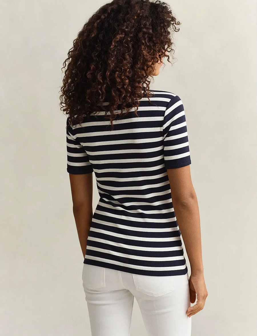 Gant - STRIPED RIBBED SS T-SHIRT - t-shirts - evening blue - 2
