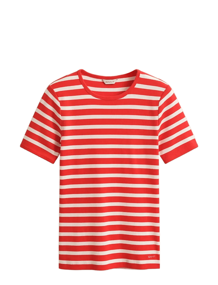 Gant - STRIPED RIBBED SS T-SHIRT - t-shirts - perfect red - 1