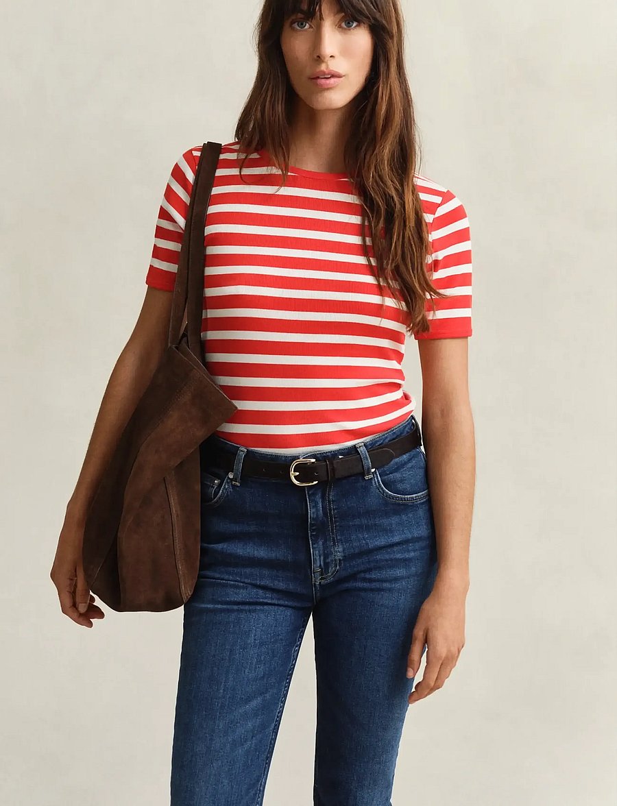 Gant - STRIPED RIBBED SS T-SHIRT - t-shirts - perfect red - 0