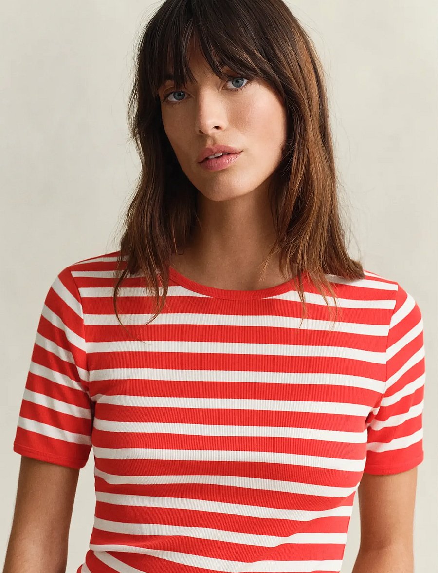 Gant - STRIPED RIBBED SS T-SHIRT - t-shirts - perfect red - 3