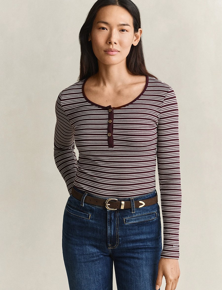 Gant - SLIM RIBBED LS HENLEY TOP - langärmlige tops - darkened wine - 0