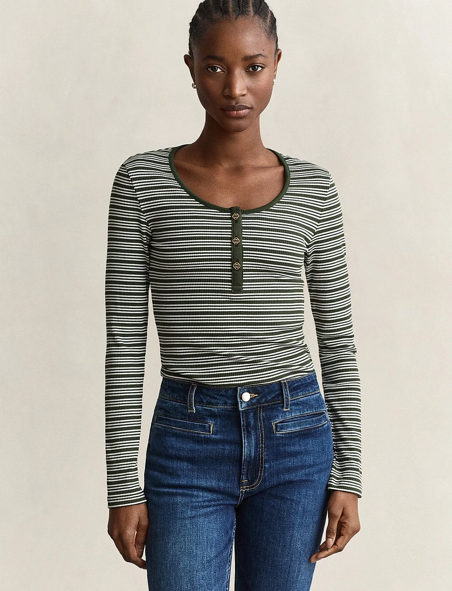 Gant - SLIM RIBBED LS HENLEY TOP - langærmede toppe - mossy green - 0