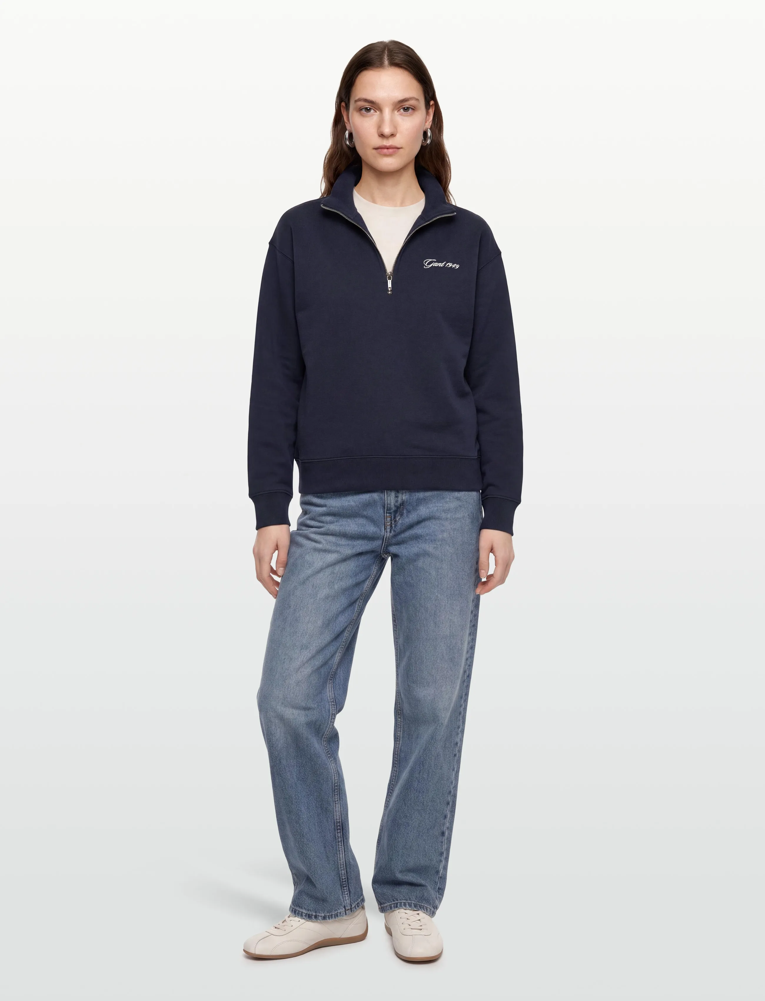 Gant Script Half Zip Sweat, Kvinder, Halv Lynlås Sweatshirt, Navy, Str: M