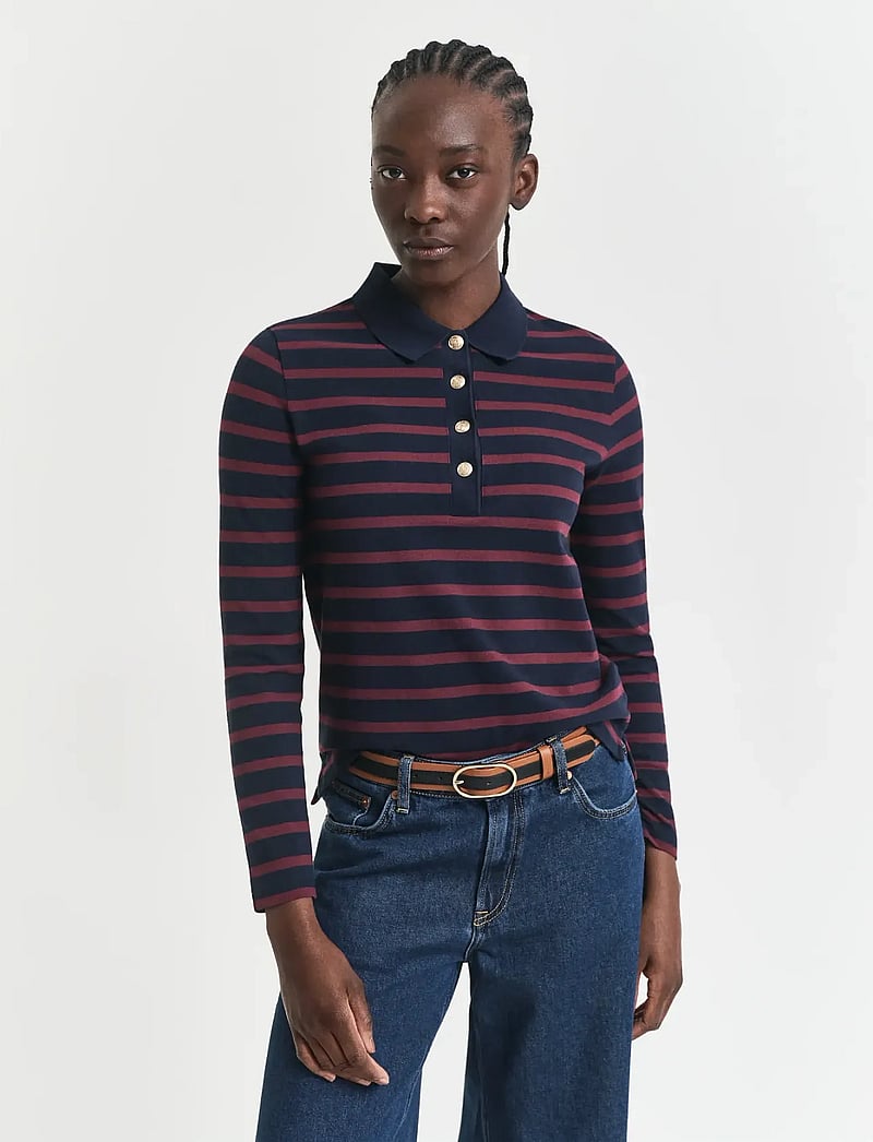 GANT - REG BRETON STRIPED LS PIQUE POLO - poloshirts - evening blue - 0