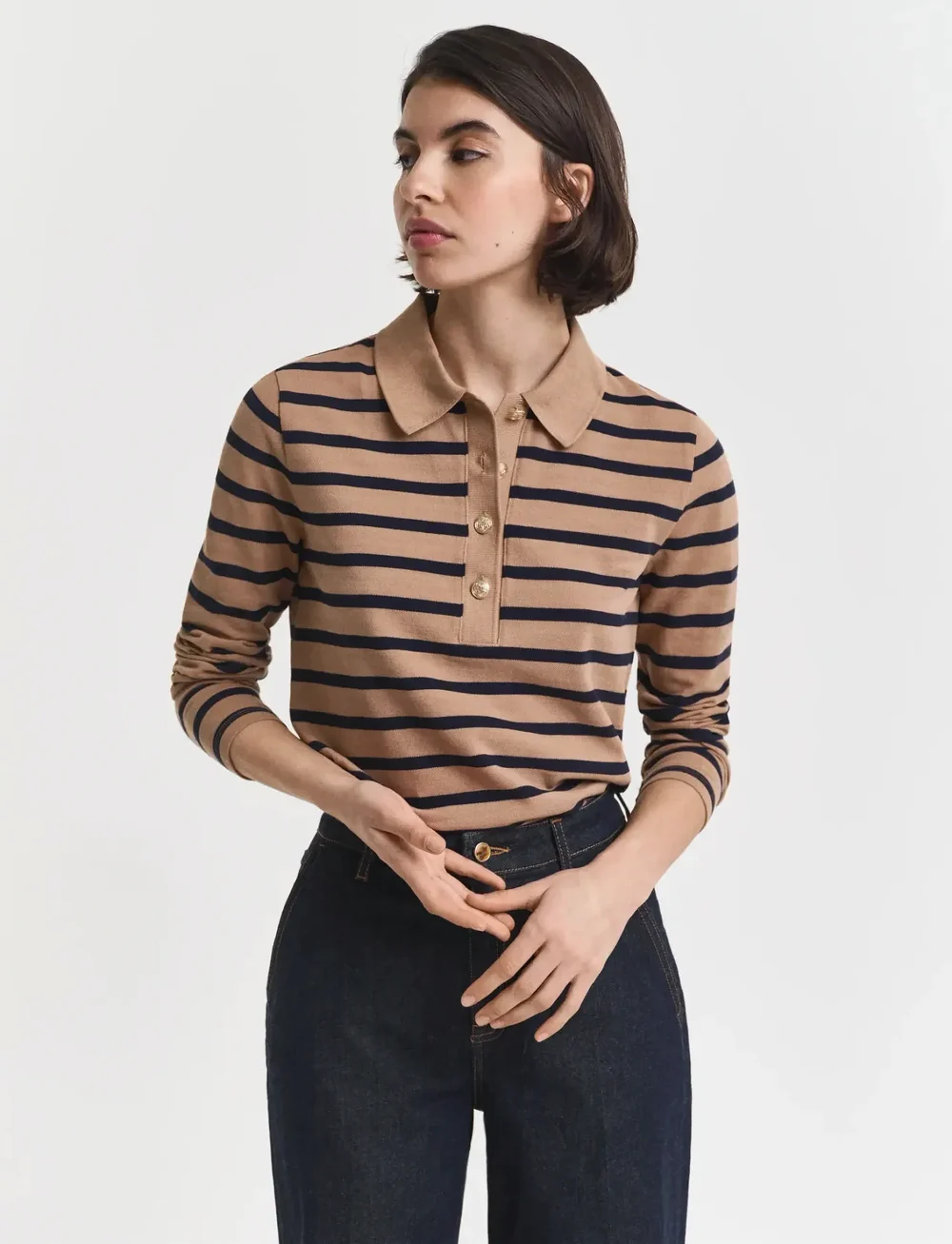 GANT - REG BRETON STRIPED LS PIQUE POLO - poloer - warm khaki - 0