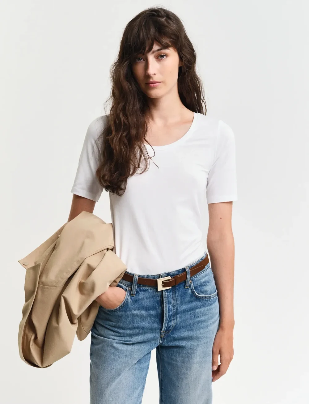 GANT - SLIM COT/ELA SS SCOOP NECK TOP - t-shirts - white - 0