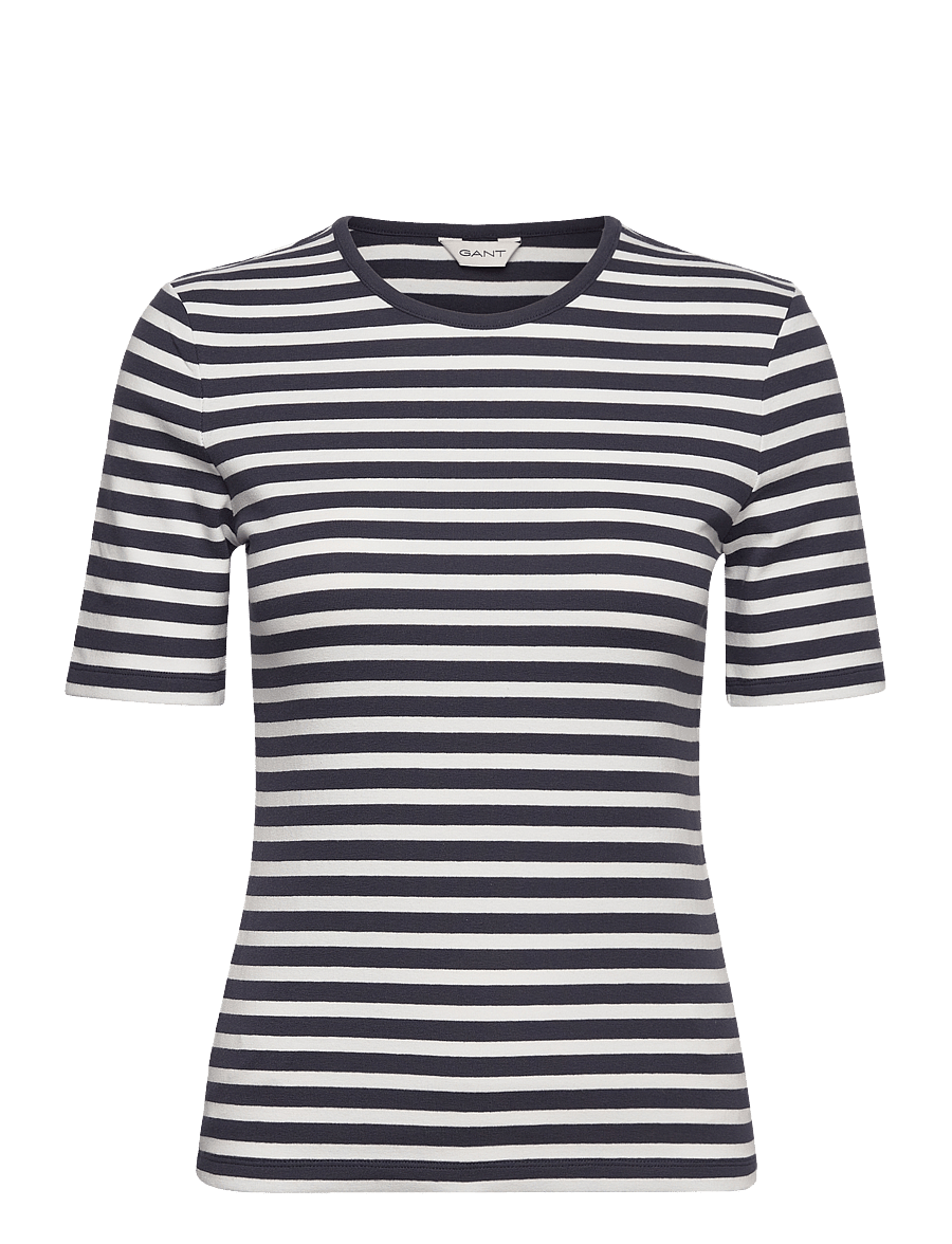 Gant - SLIM STRIPED 1X1 RIBBED SS T-SHIRT - t-shirts - evening blue - 1
