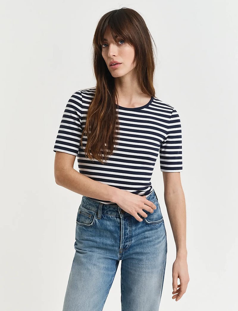 GANT - SLIM STRIPED 1X1 RIBBED SS T-SHIRT - t-shirts - evening blue - 0