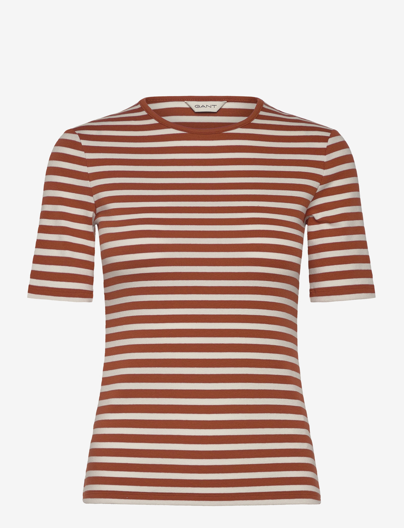 GANT - SLIM STRIPED 1X1 RIBBED SS T-SHIRT - t-shirts - rusty brown - 1