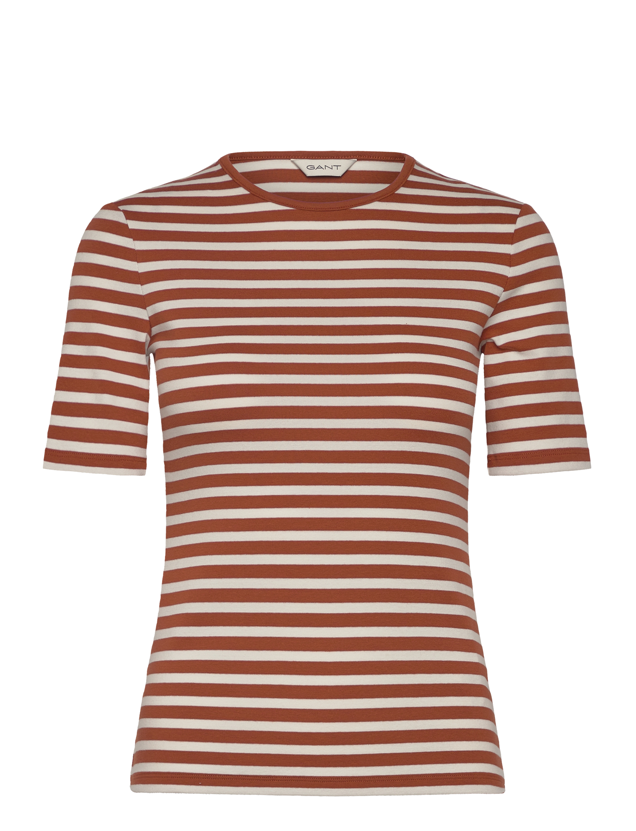 Gant SLIM STRIPED 1X1 RIBBED SS T-SHIRT - Apģērbi - RUSTY BROWN / red