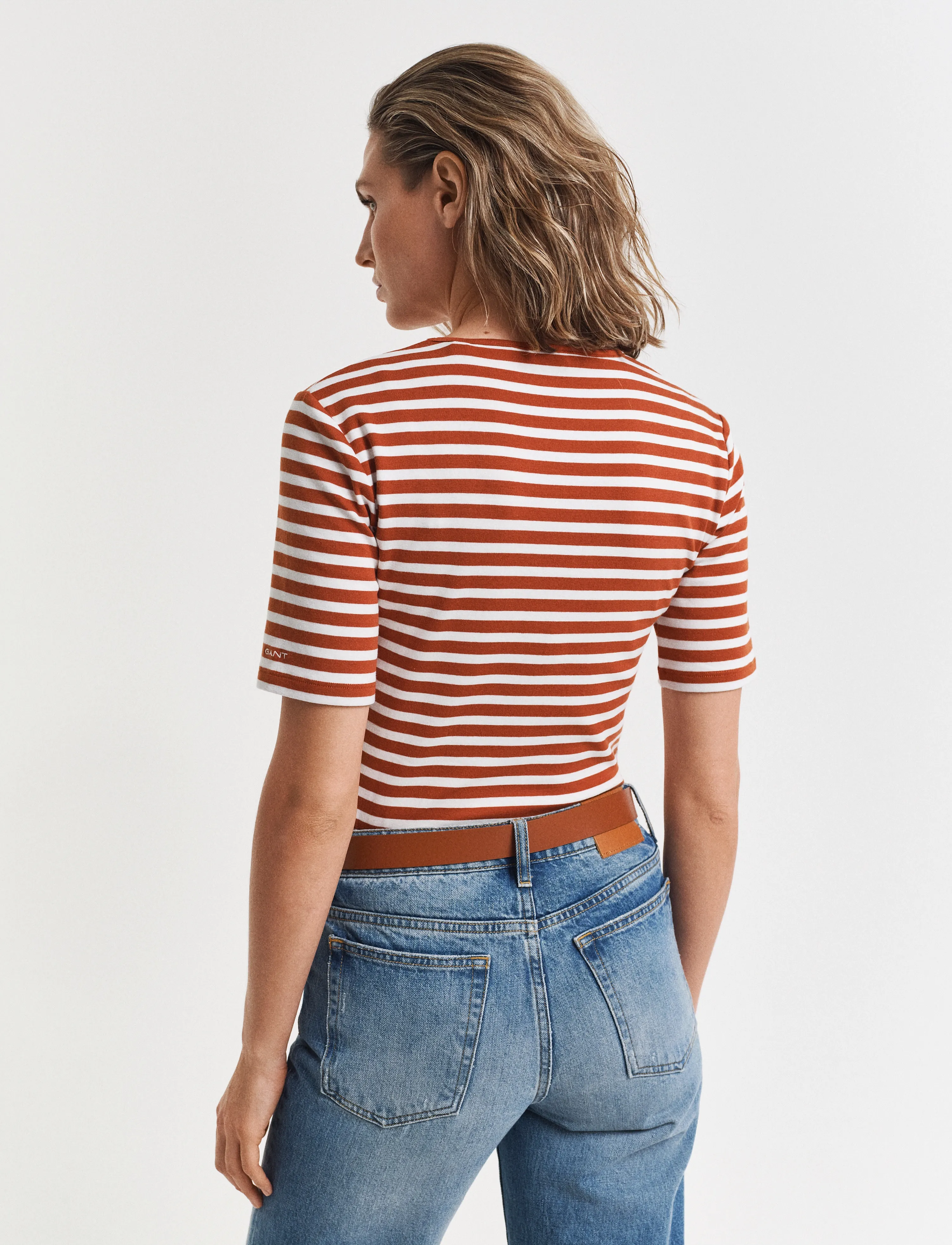 Gant - SLIM STRIPED 1X1 RIBBED SS T-SHIRT - t-shirts - rusty brown - 3
