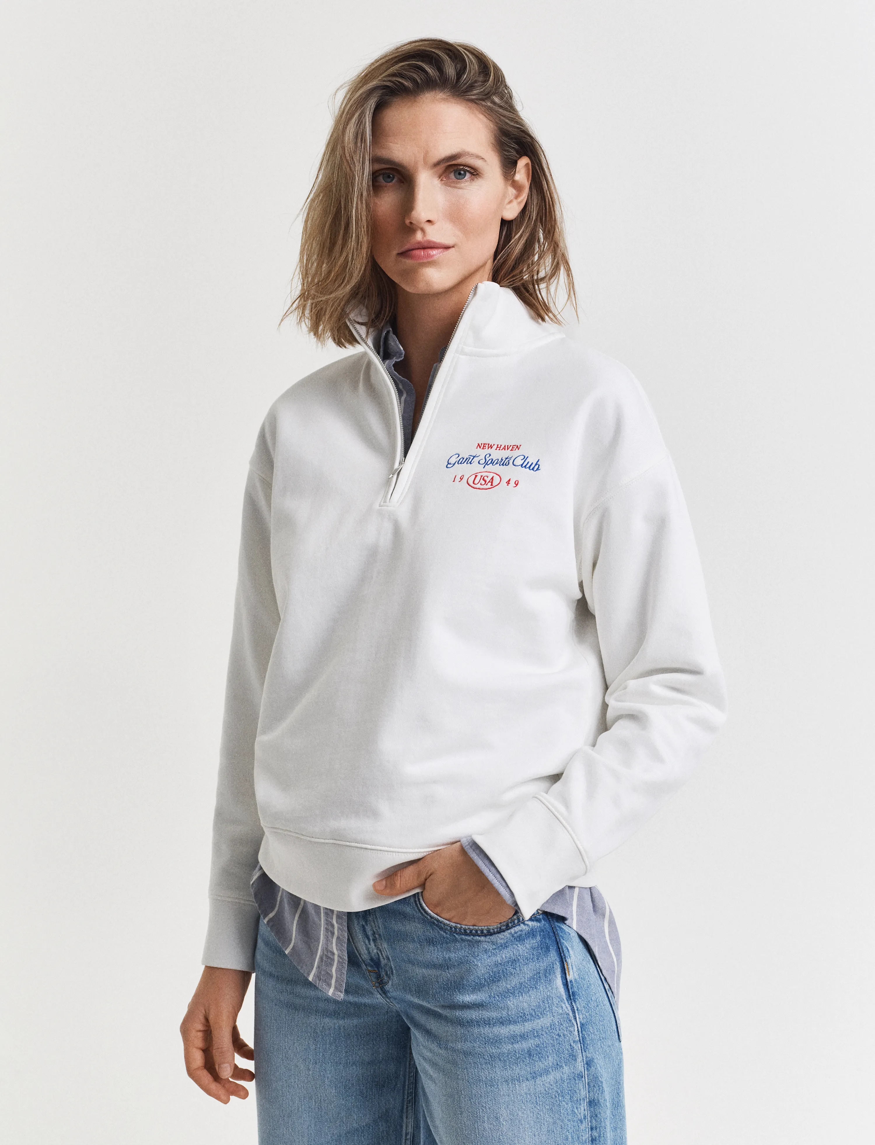 Gant Graphic Half Zip Sweat, XL/XXL, White, Sweatshirts & Hættetrøjer > Sweatshirts, Dame