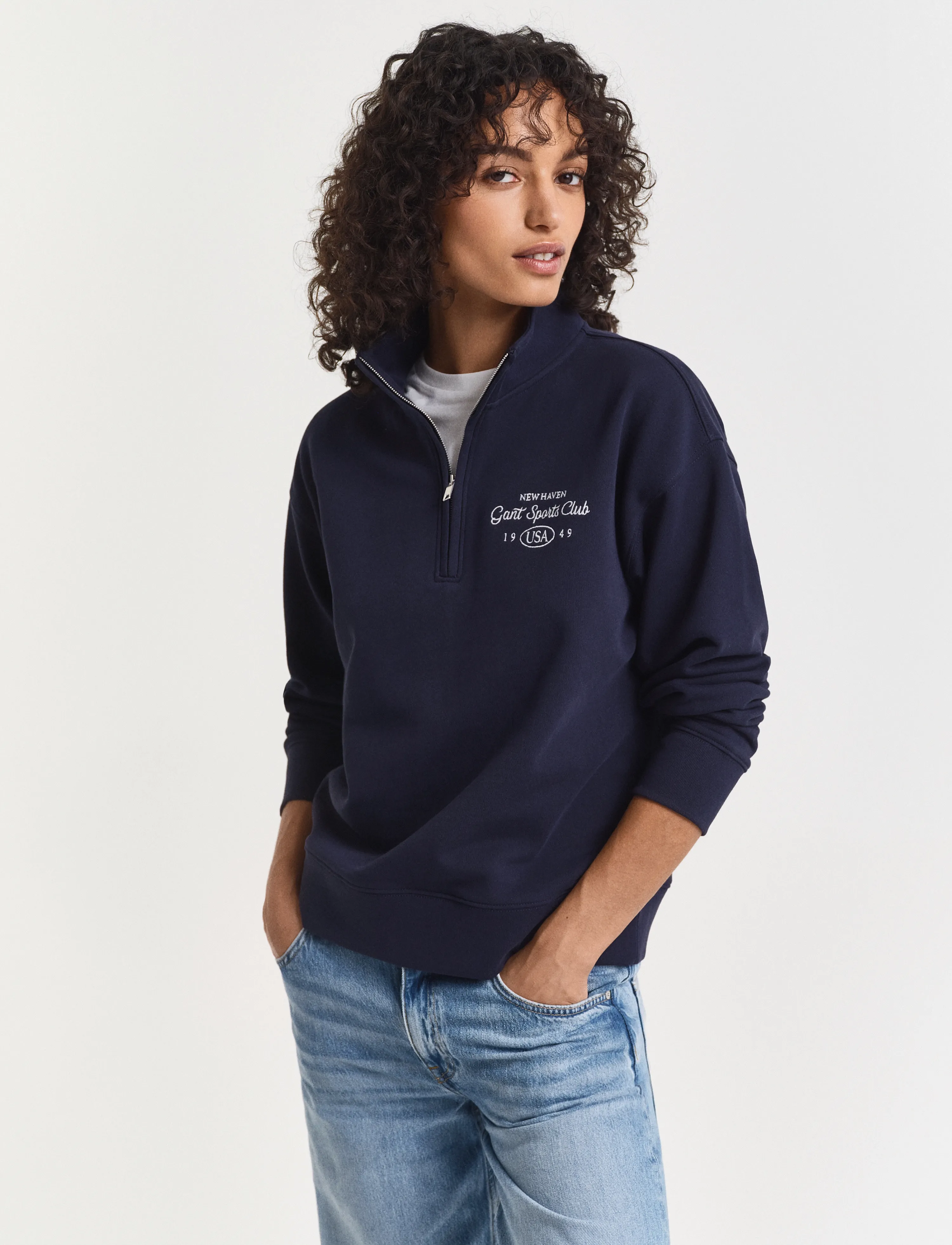 Gant Graphic Half Zip Sweat, S, Sweatshirts & Hoodies, Marineblau - Sweatshirts, Frauen