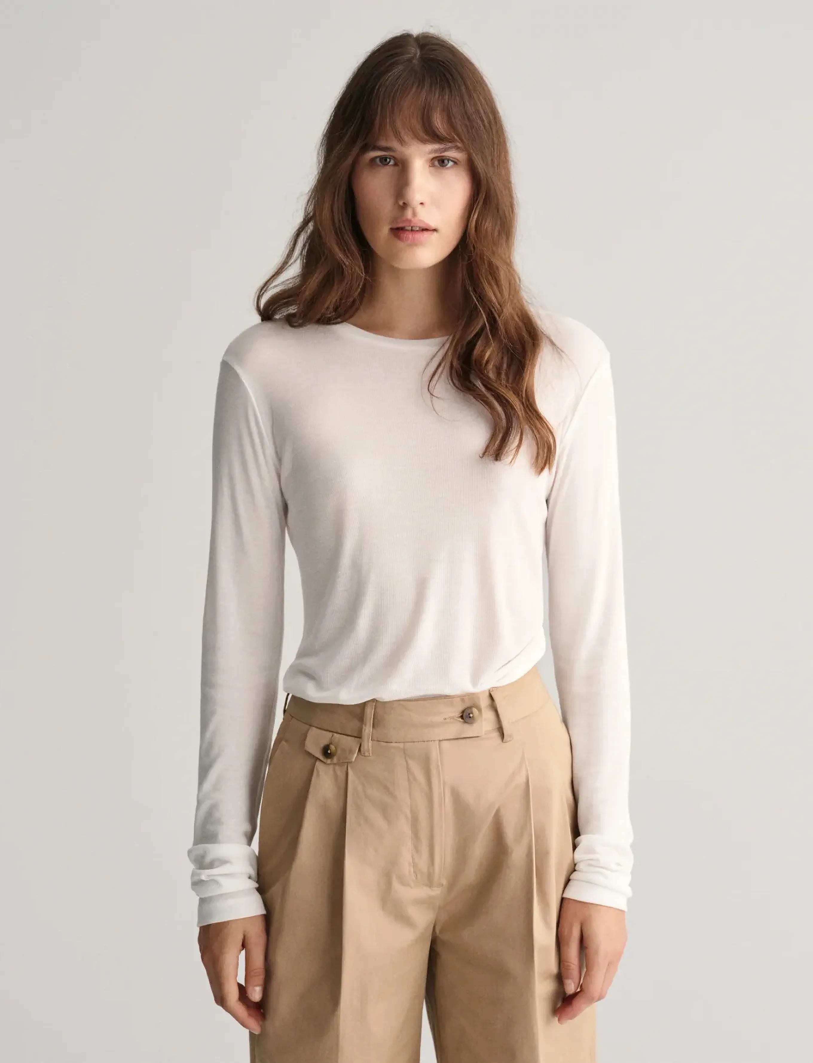 Gant Slim Lightweight Ls T-Shirt, XL, T-shirts & Oberteile, Weiß - Long-sleeved, Frauen