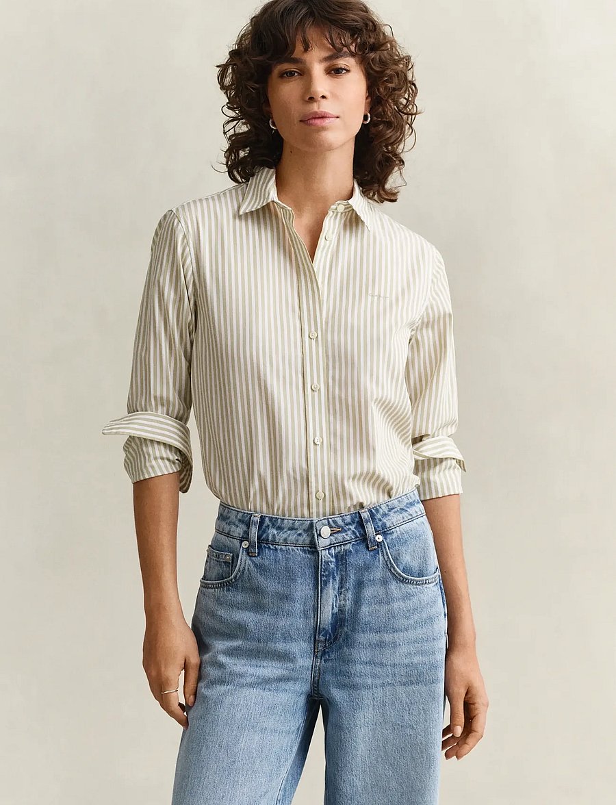 Gant - REG CLASSIC POPLIN STRIPED SHIRT - langärmlige hemden - country beige - 0