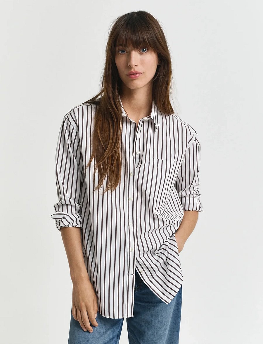 Gant - REL CLASSIC POPLIN STRIPED SHIRT - långärmade skjortor - deep brown - 0