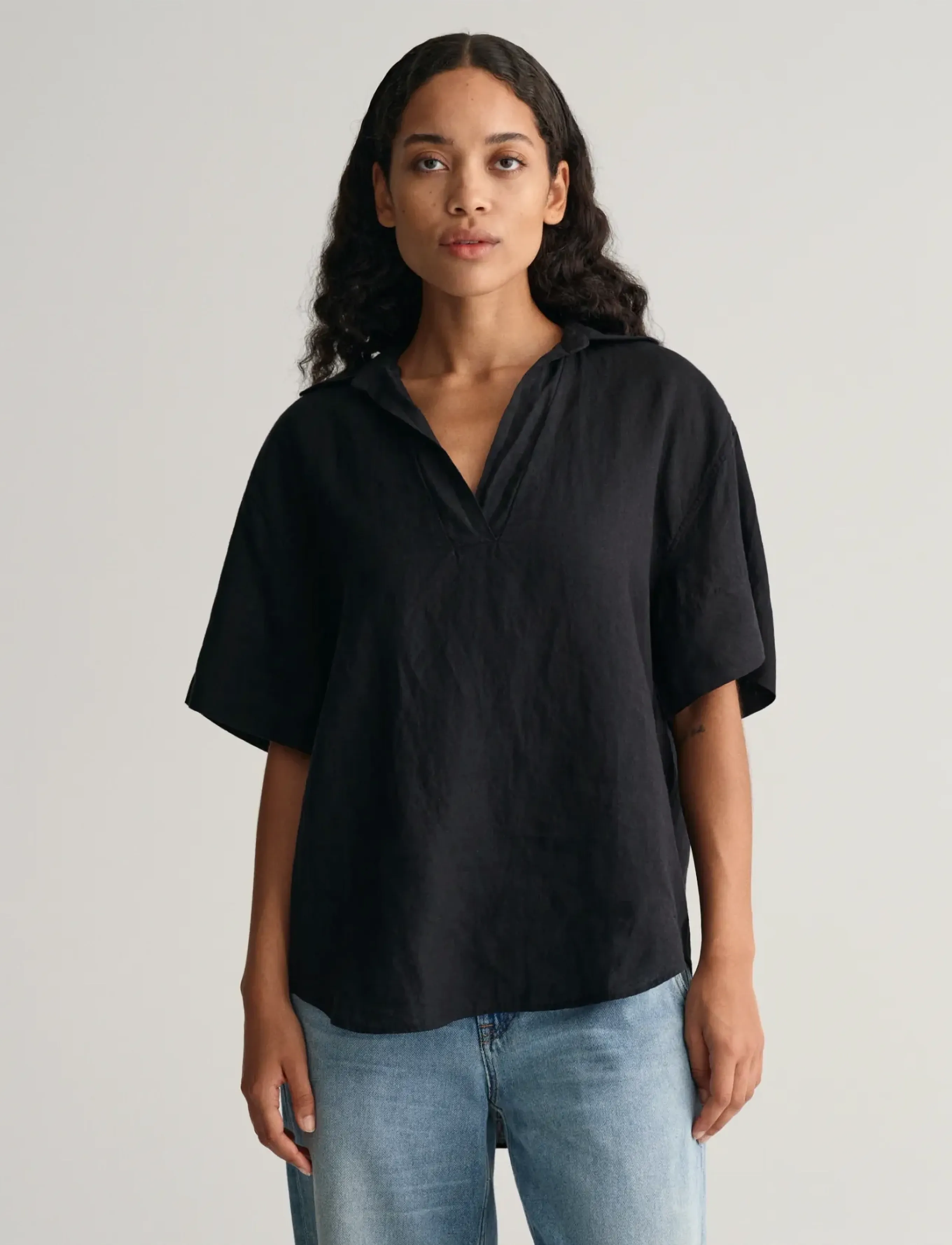 GANT REL LINEN POPOVER SS SHIRT - Linased särgid - EBONY BLACK / black