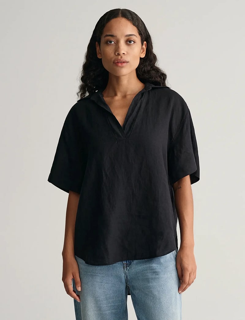 GANT - REL LINEN POPOVER SS SHIRT - leinenhemden - ebony black - 0