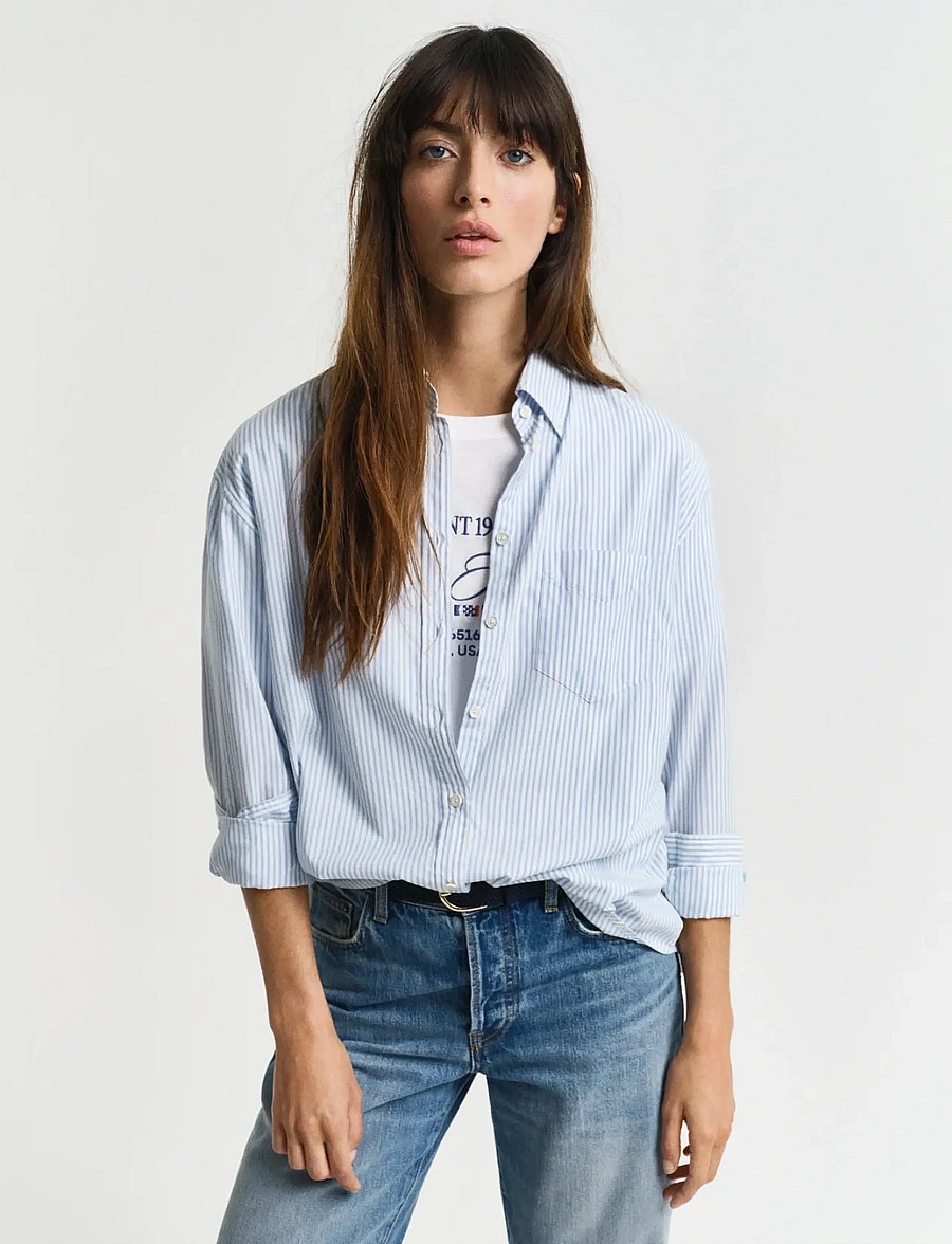 Gant - REL LUXURY OXFORD STRIPED BD SHIRT - langærmede skjorter - muted blue - 0