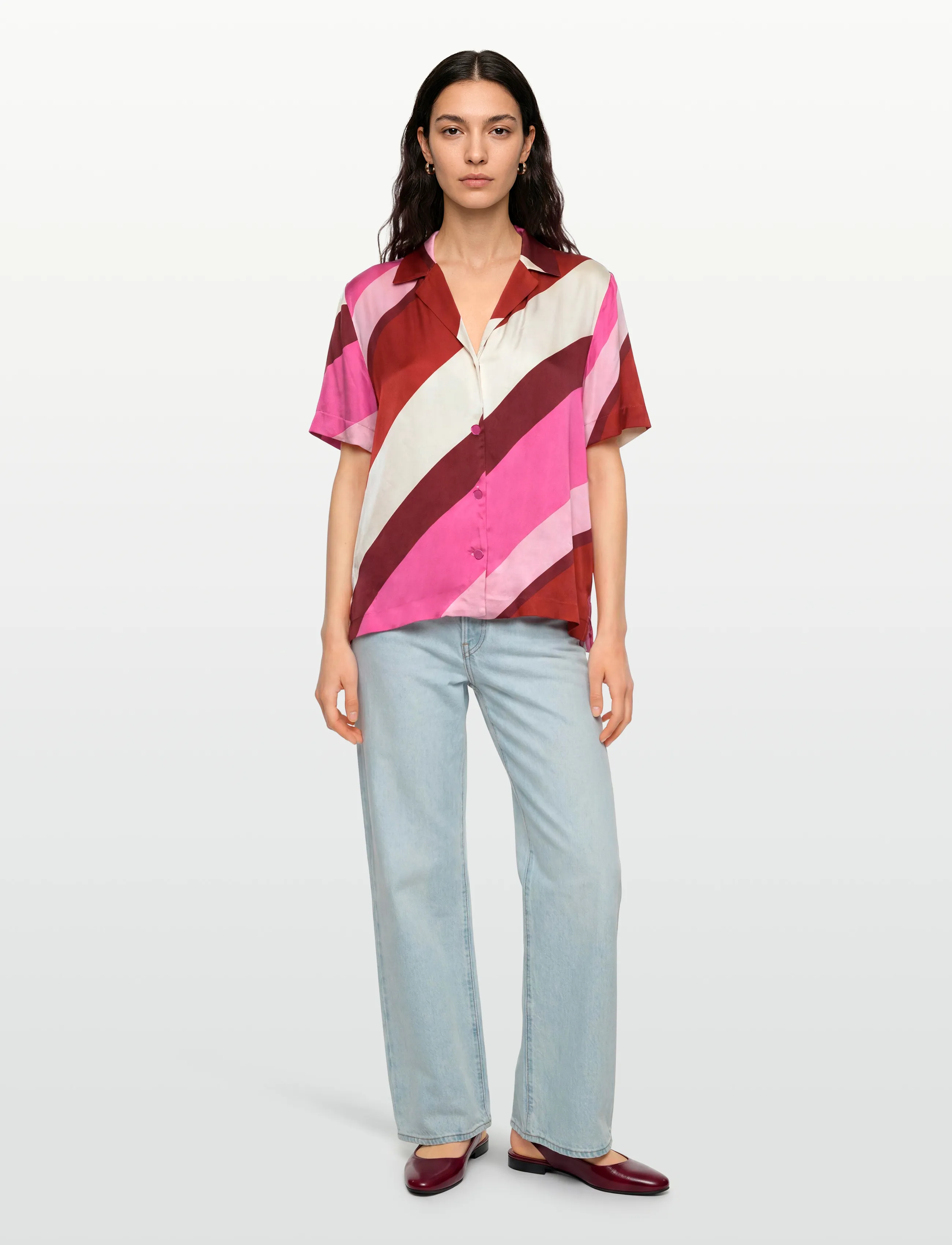 Gant Striped Camp Collar Ss Shirt, 42, Shirts, Rosa - Short-sleeved, Frauen
