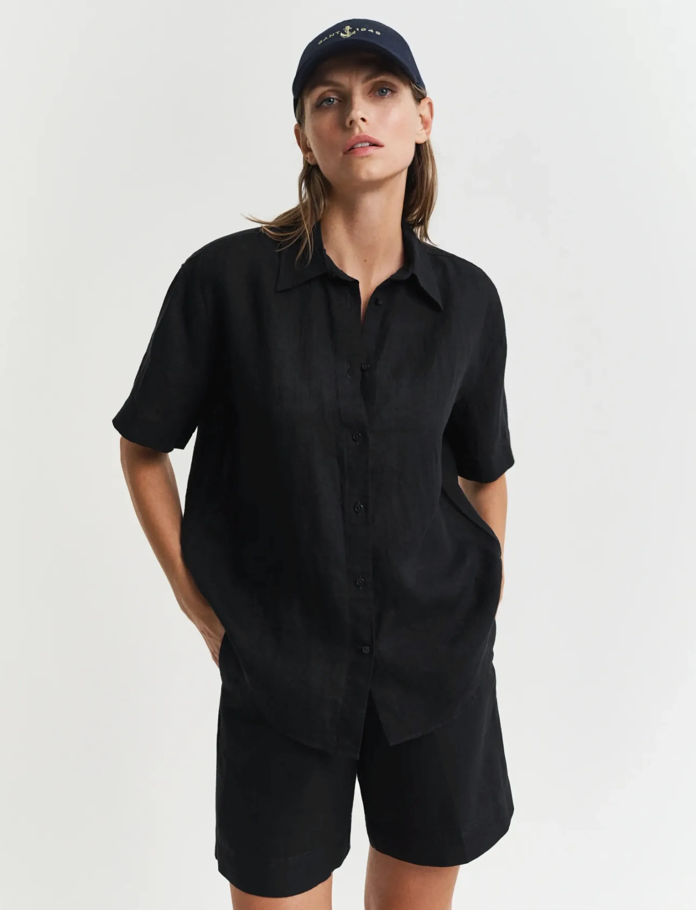 Gant Rel Linen Ss Shirt, 36, Shirts, Schwarz - Short-sleeved, Frauen