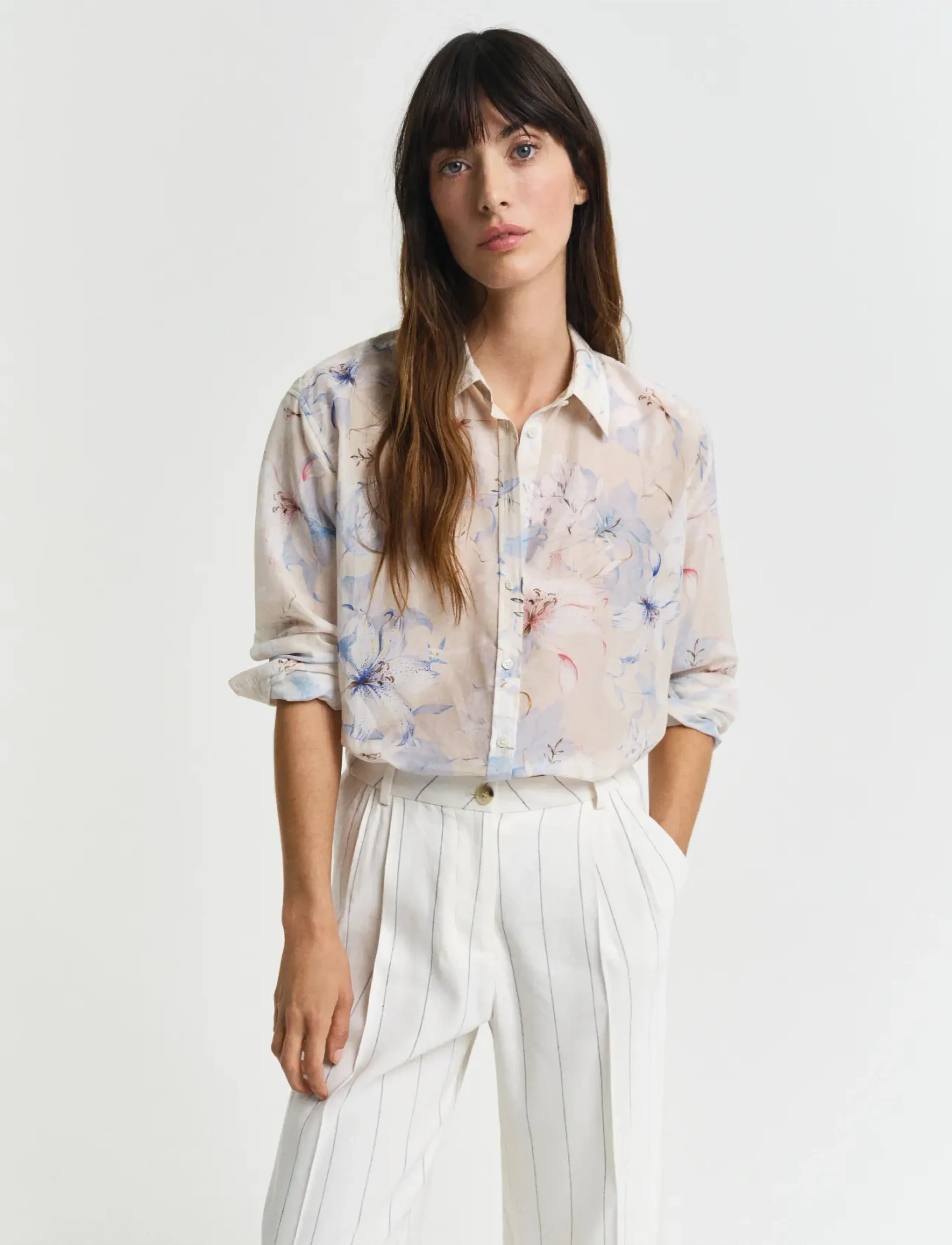 Gant Rel Floral Print Cot Silk Shirt, Kvinder, Blomstret Skjorte, Cream, Str: 36
