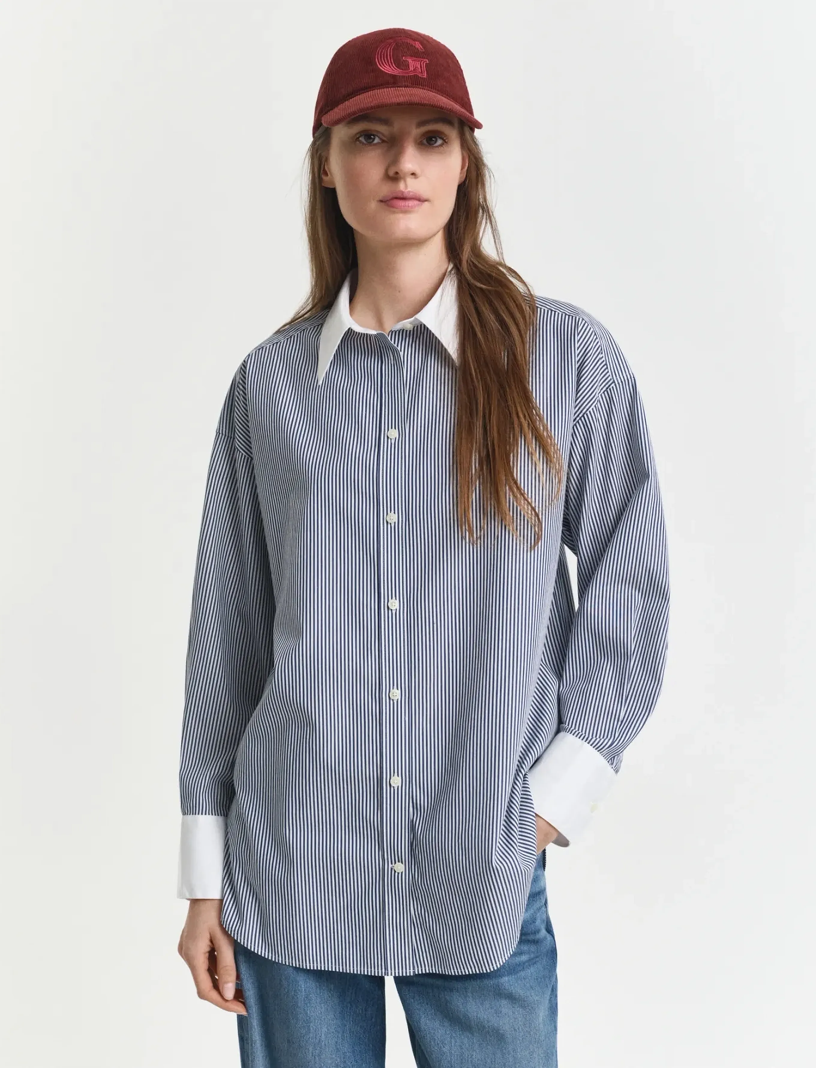 Gant Os Contrast Collar Striped Shirt, 36, Shirts, Grau - Long-sleeved, Frauen