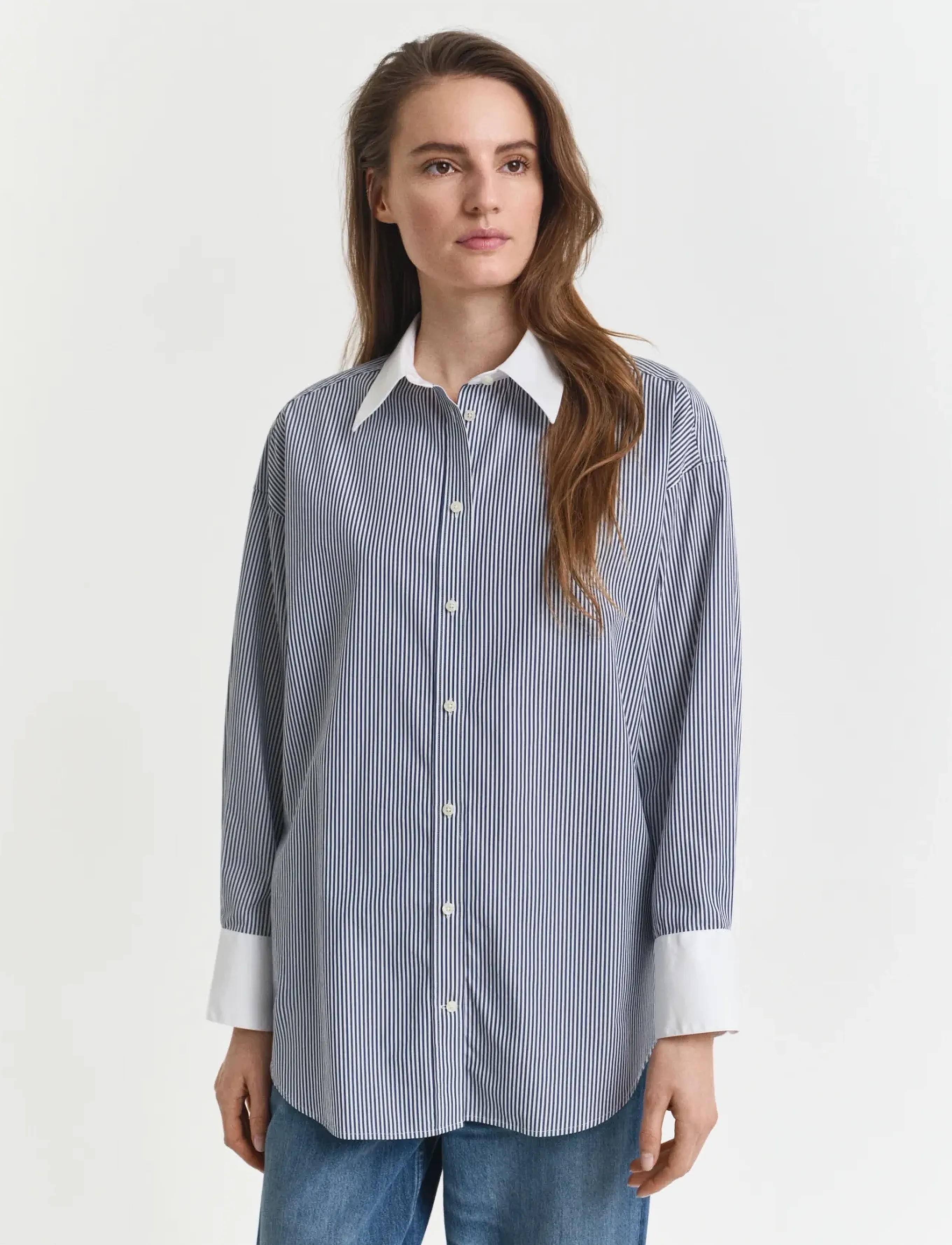 Gant - OS CONTRAST COLLAR STRIPED SHIRT - krekli ar garām piedurknēm - persian blue - 5