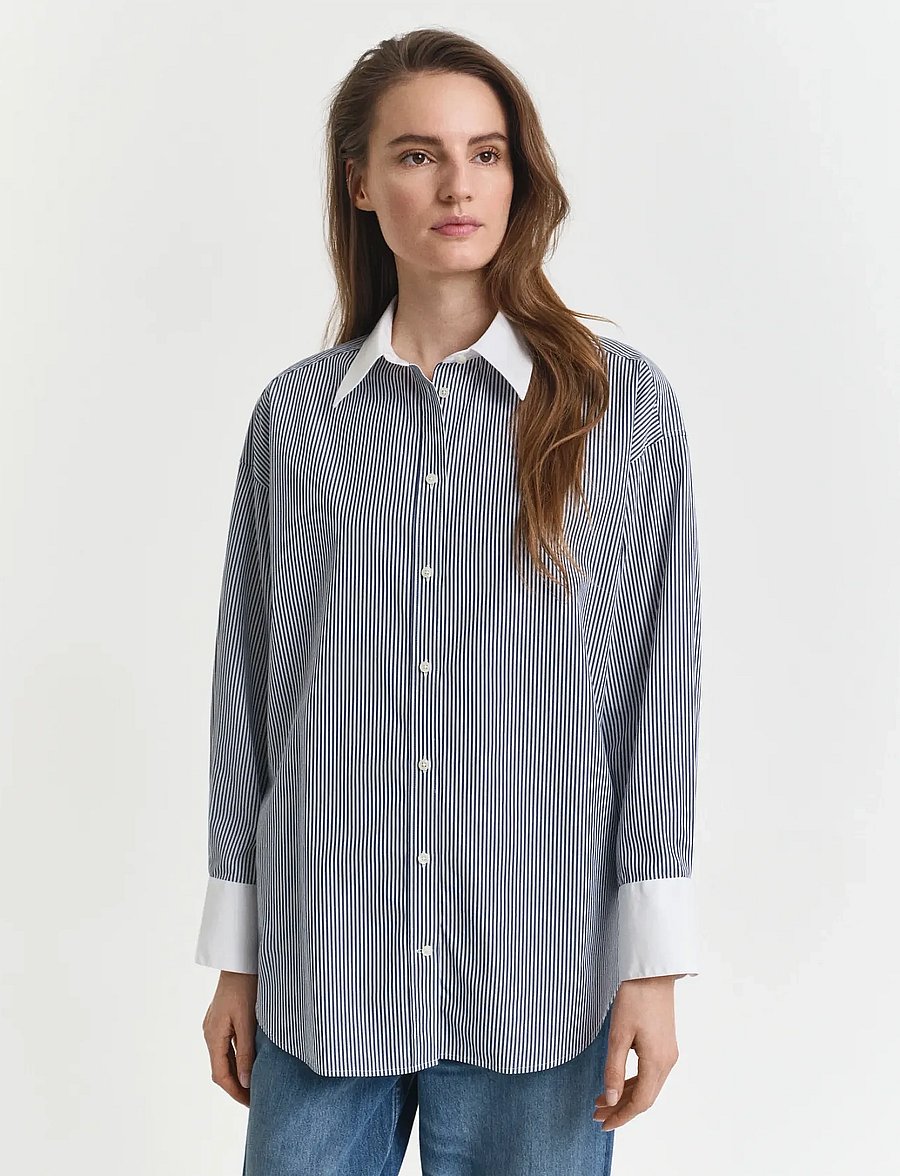 Gant - OS CONTRAST COLLAR STRIPED SHIRT - krekli ar garām piedurknēm - persian blue - 5