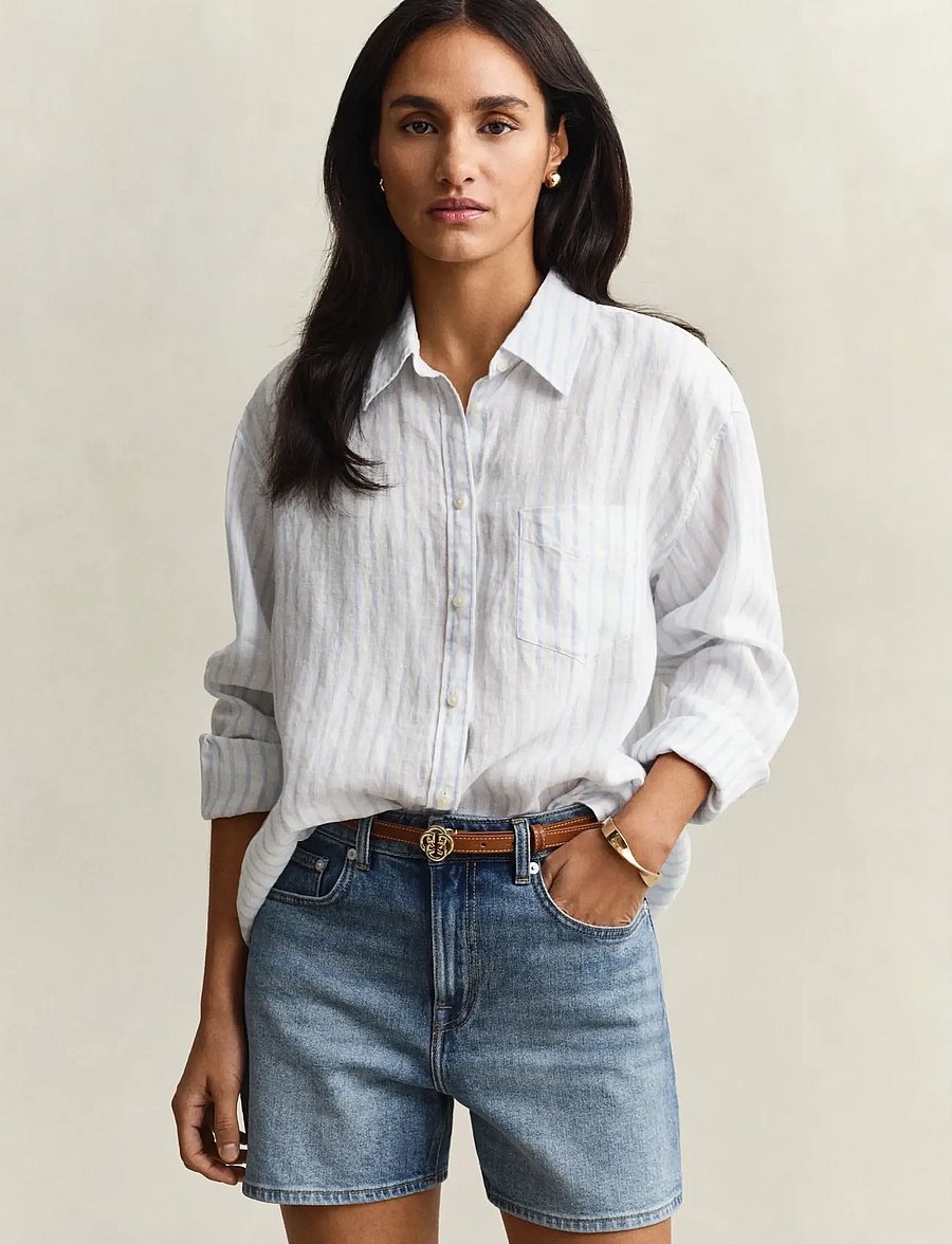 Gant - REL STRIPED LINEN LS SHIRT - langærmede skjorter - light blue - 0