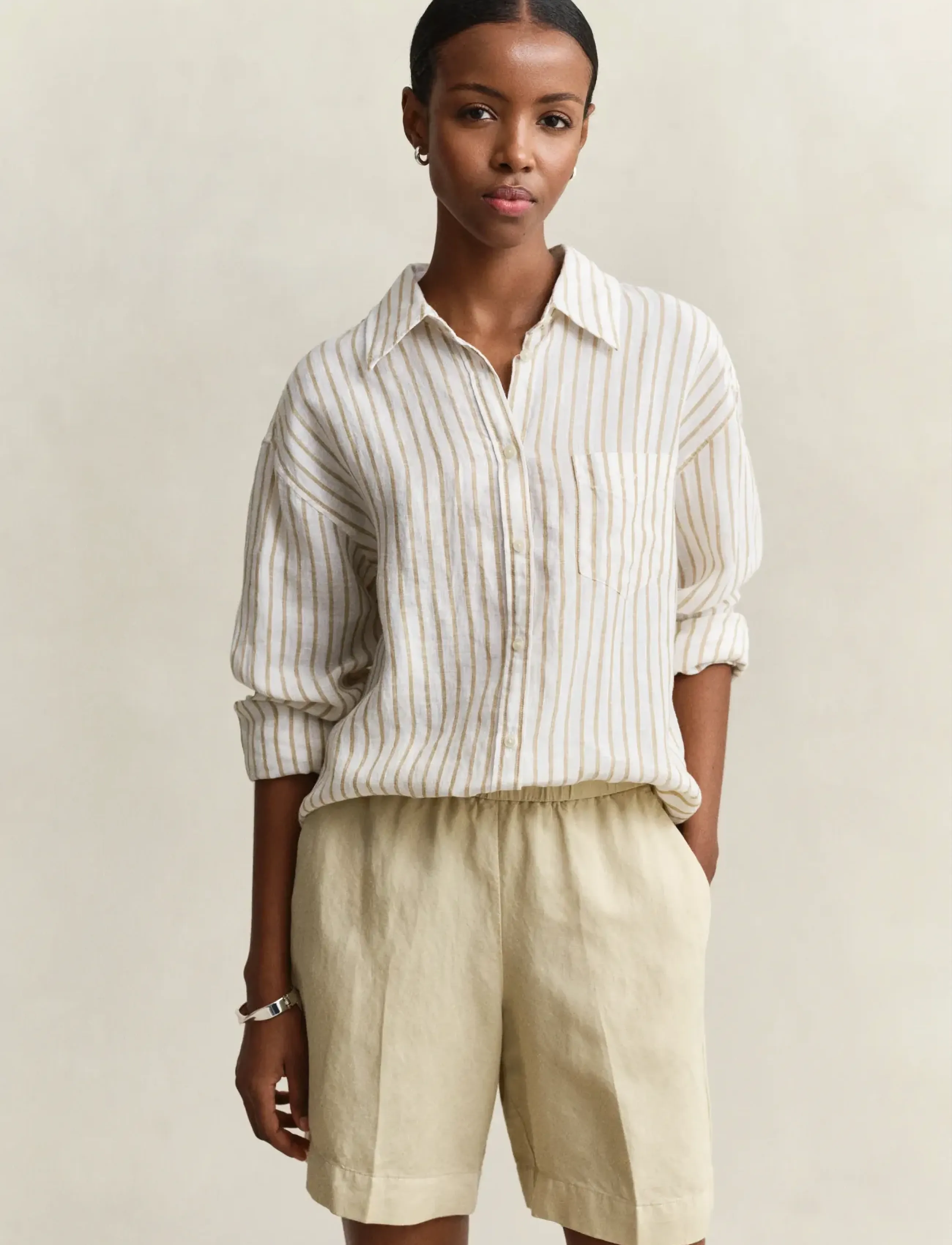 GANT REL STRIPED LINEN LS SHIRT - Särgid - OAT BEIGE / beige