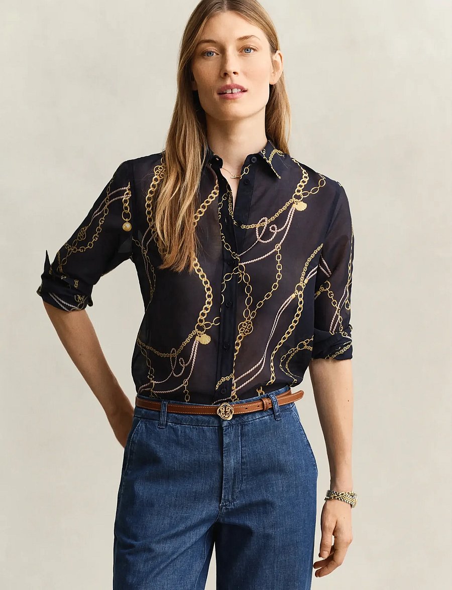 Gant - REG PRINTED CTN SILK LS SHIRT - langærmede skjorter - evening blue - 0