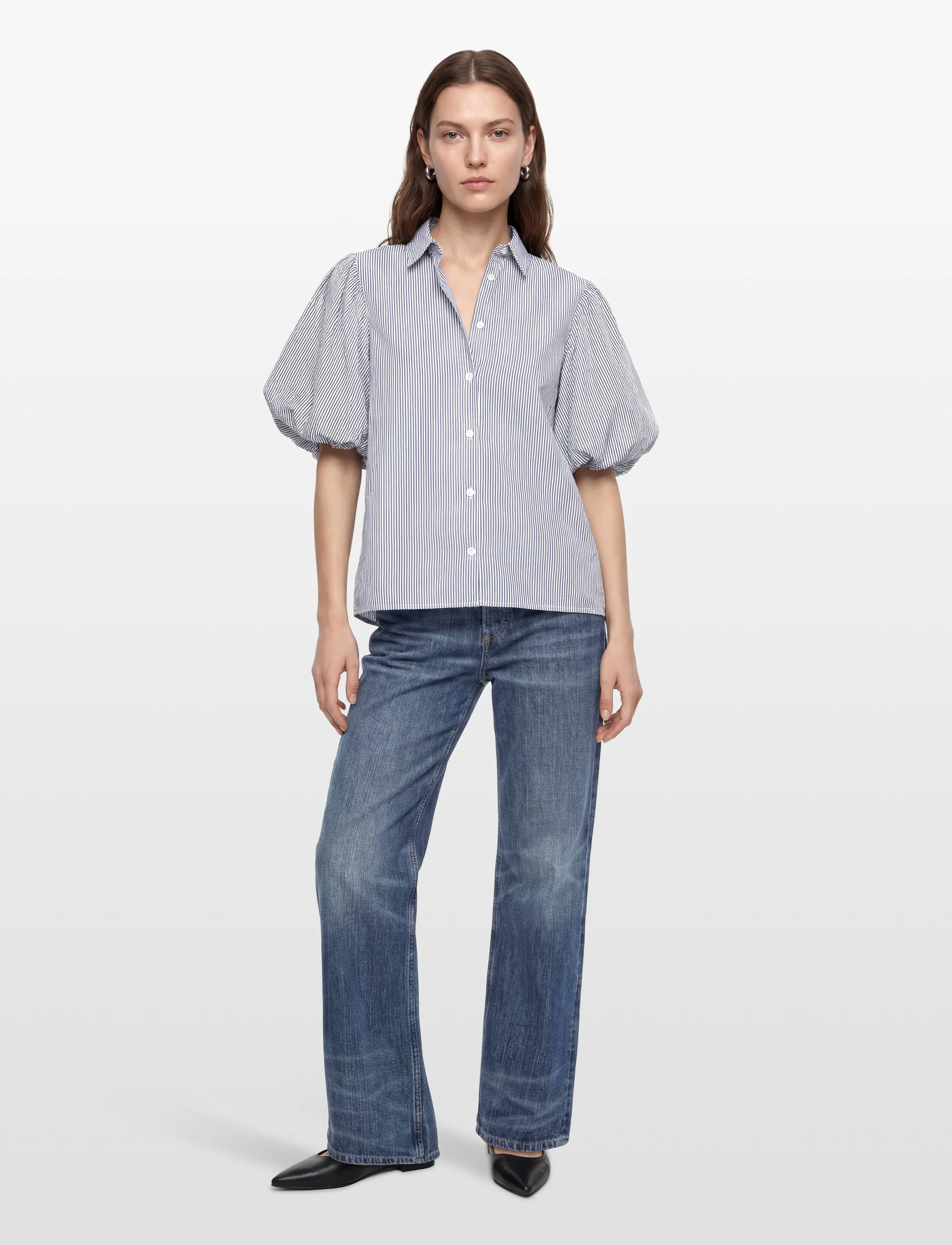 Gant Seersucker Puff Sleeve Blouse, 44, Blue, Bluser > Kortærmede, Dame