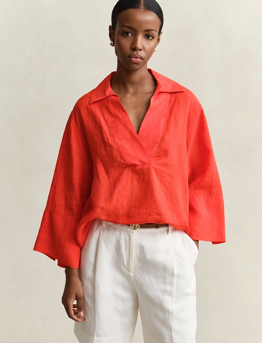 Gant - REL LINEN POPOVER SHIRT - langærmede bluser - perfect red - 0