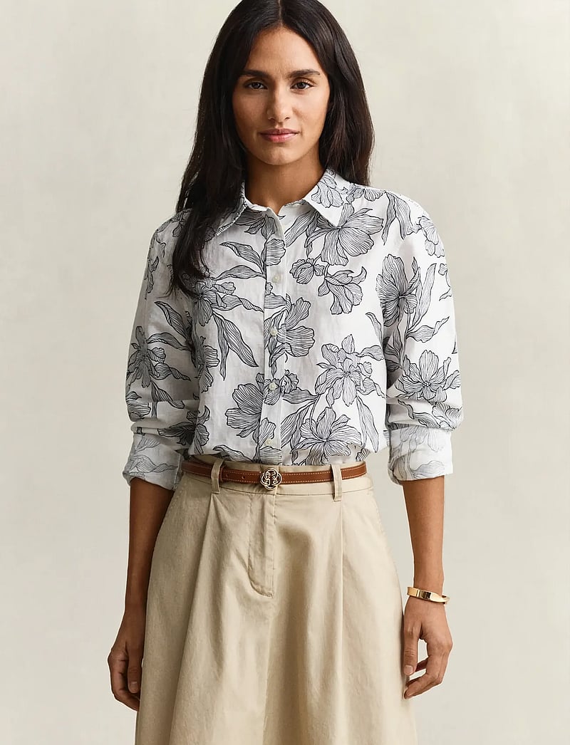 GANT - REG FLORAL PRINT LINEN SHIRT - long-sleeved shirts - evening blue - 0