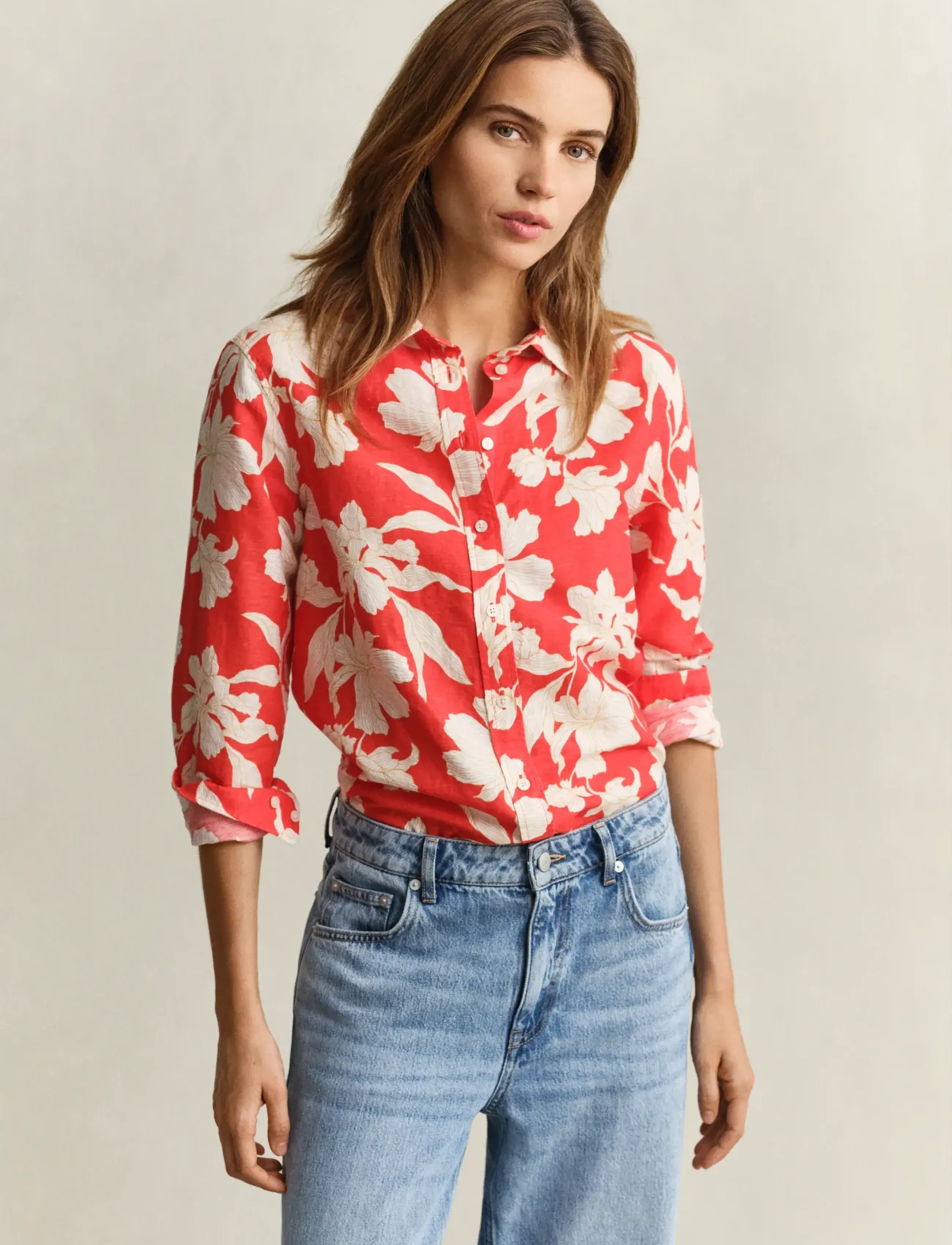 GANT REG FLORAL PRINT LINEN SHIRT - Särgid - PERFECT RED / red