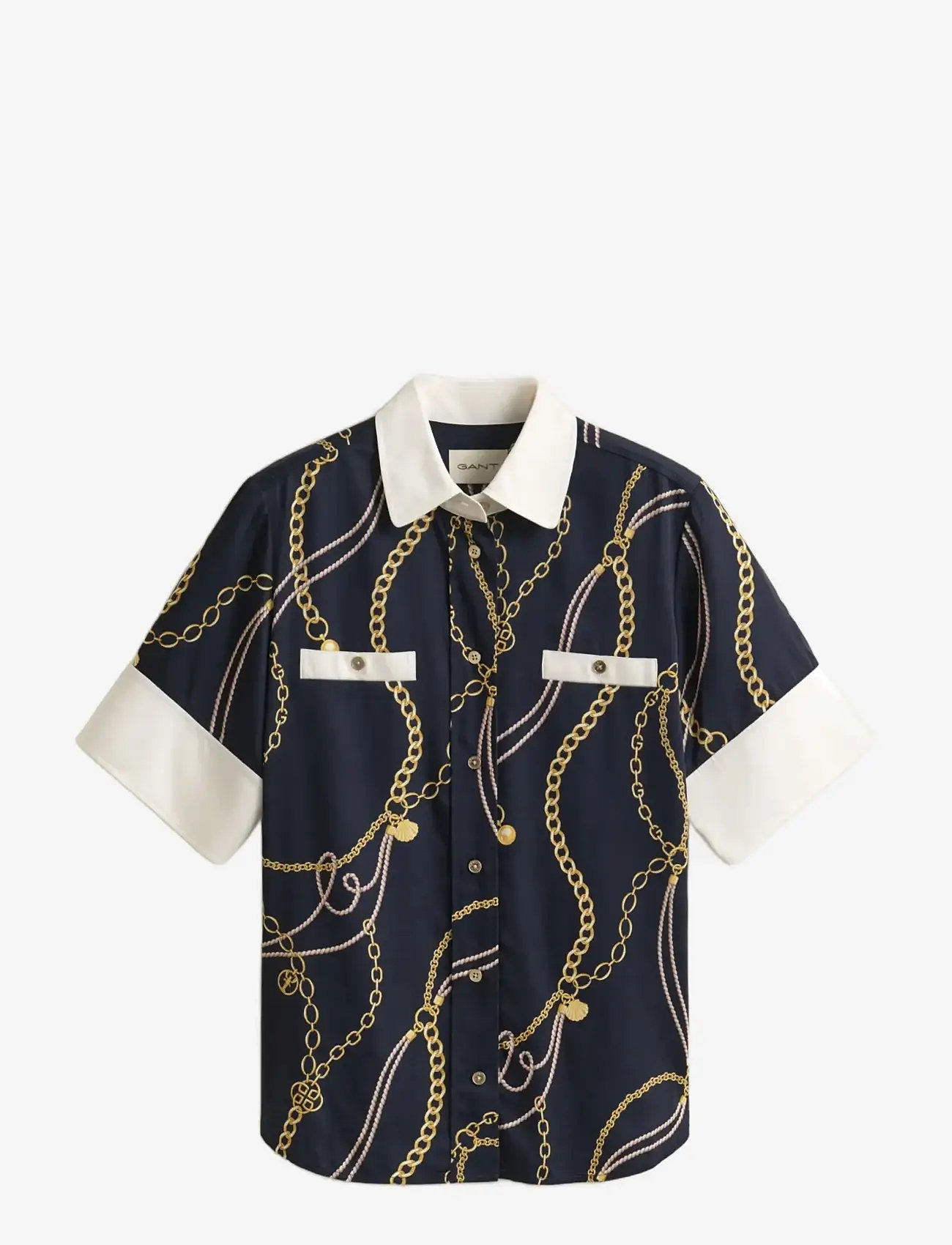 Gant - REG PRINTED CONTRAST SS BLOUSE - kortærmede skjorter - evening blue - 1