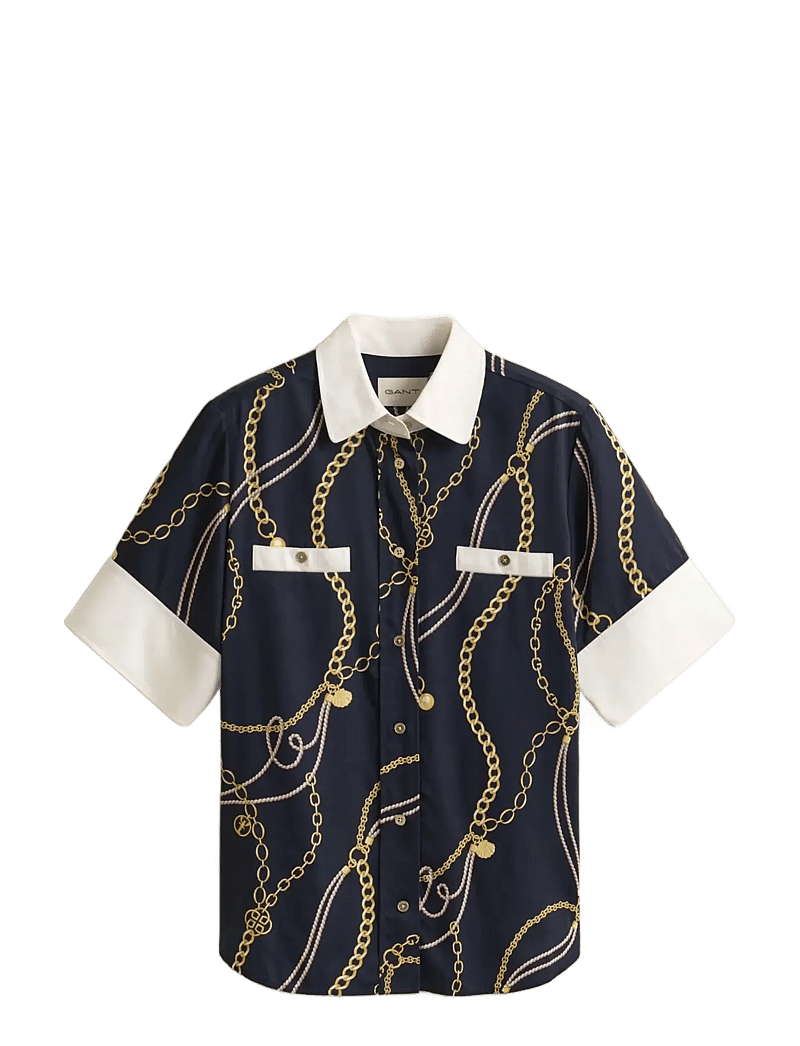 Gant - REG PRINTED CONTRAST SS BLOUSE - kortærmede skjorter - evening blue - 1