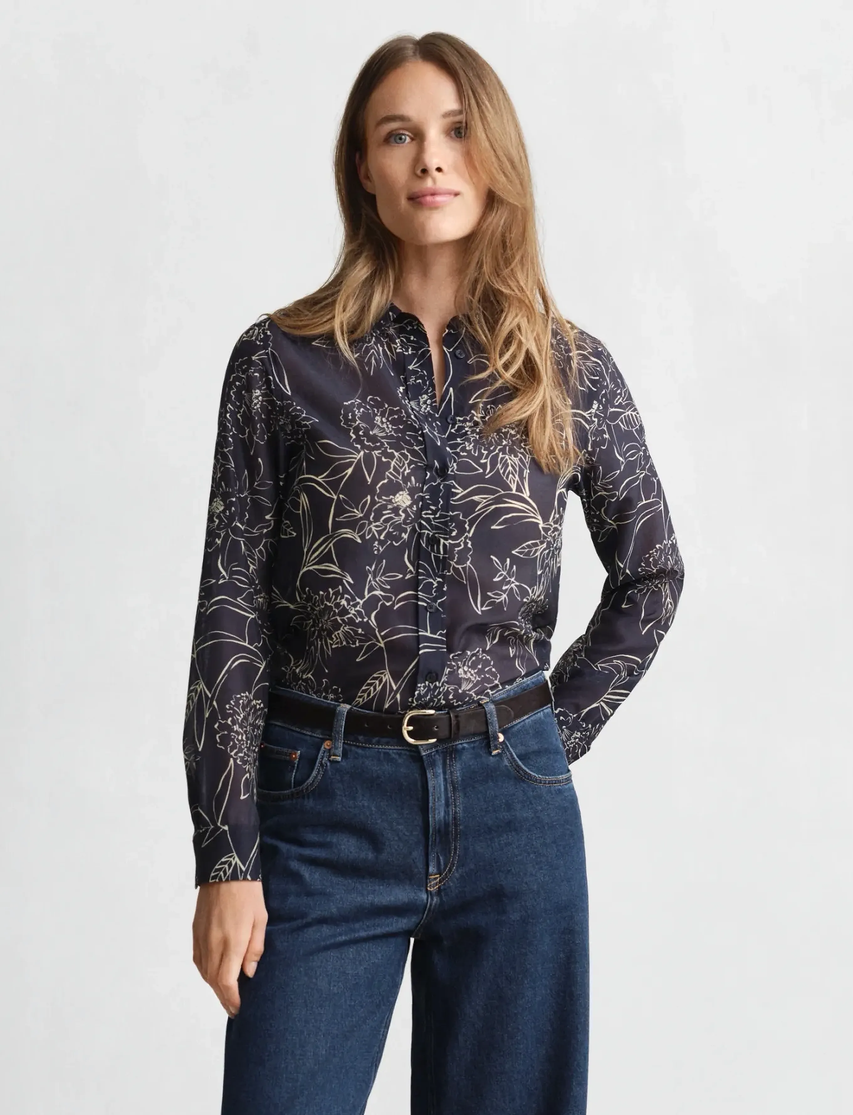 Gant Reg Floral Print Ctn Silk Ls Shirt, 34, Shirts, Marineblau - Long-sleeved, Frauen