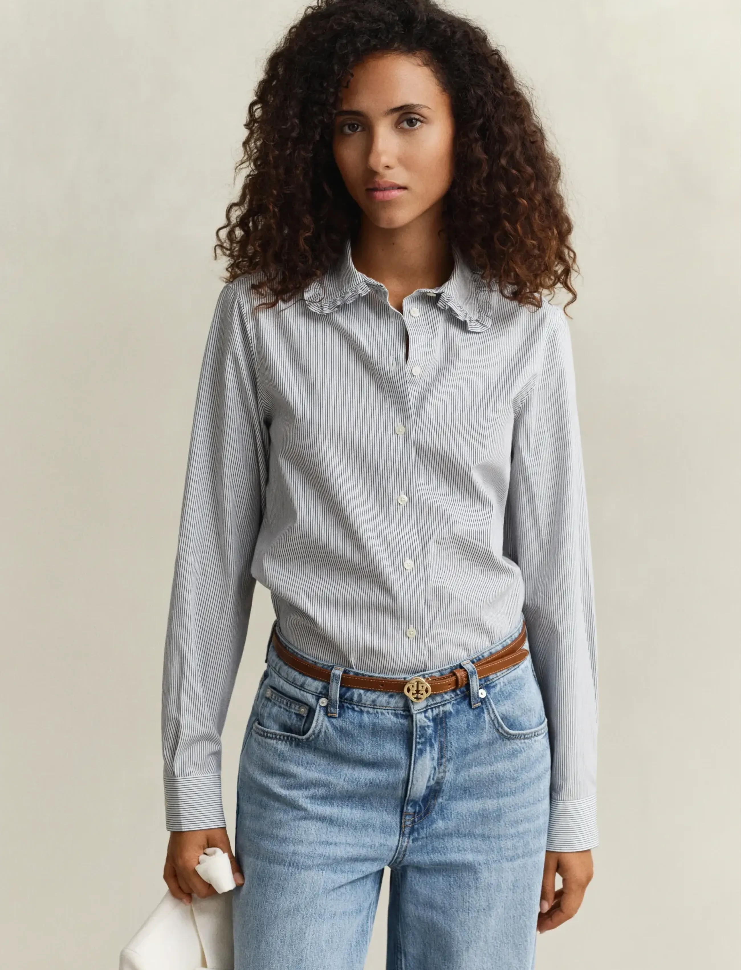 Gant Reg Ctn Frill Collar Stripe Shirt, 44, Shirts, Blau - Long-sleeved, Frauen