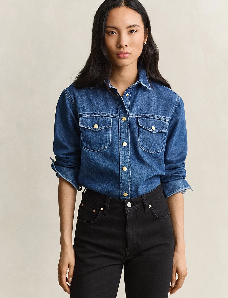 Gant - GOLD BUTTON DENIM SHIRT - jeanshemden - mid blue - 0