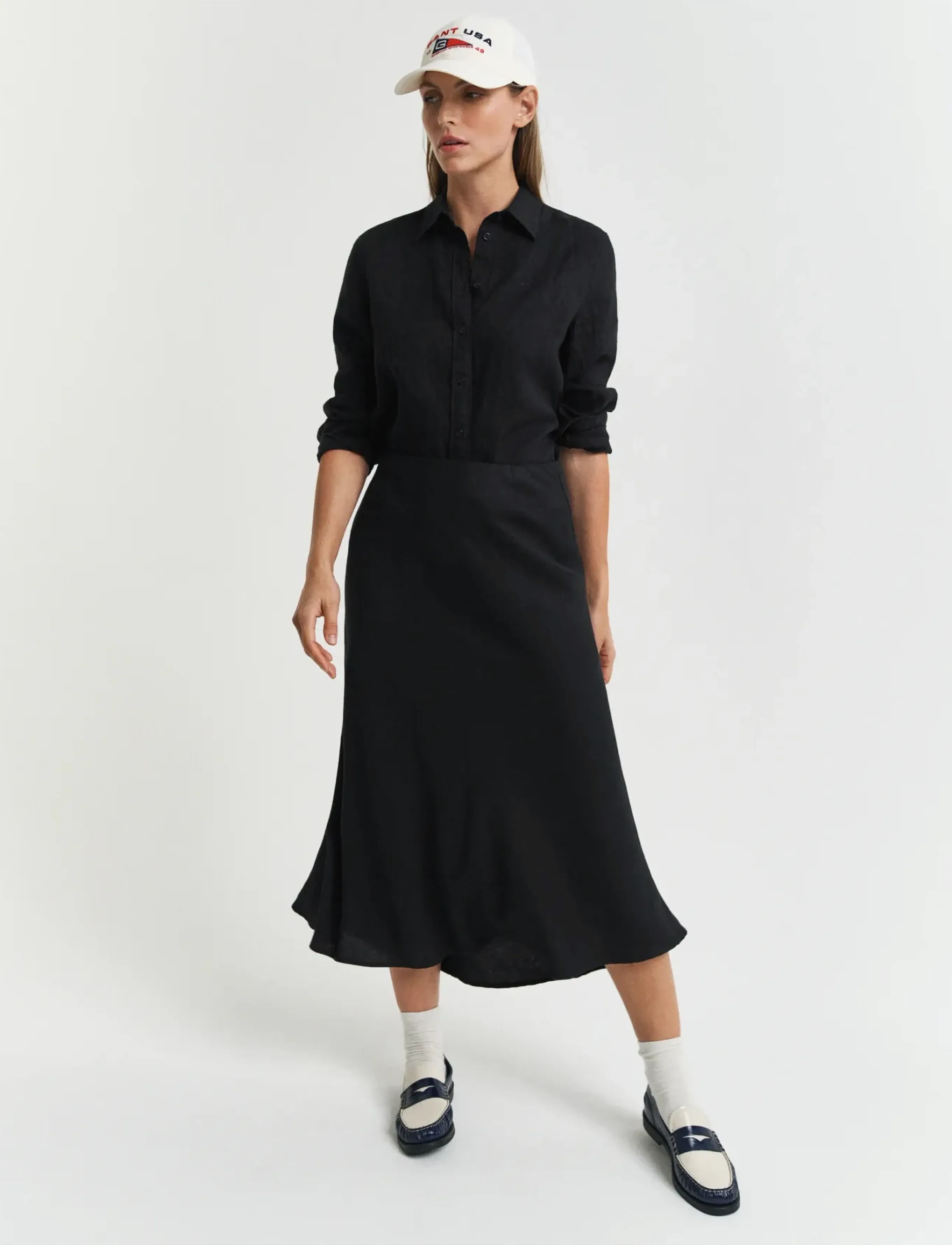 Gant Linen Blend Skirt, Kvinder, Midi Nederdel, Sort, Str: 40