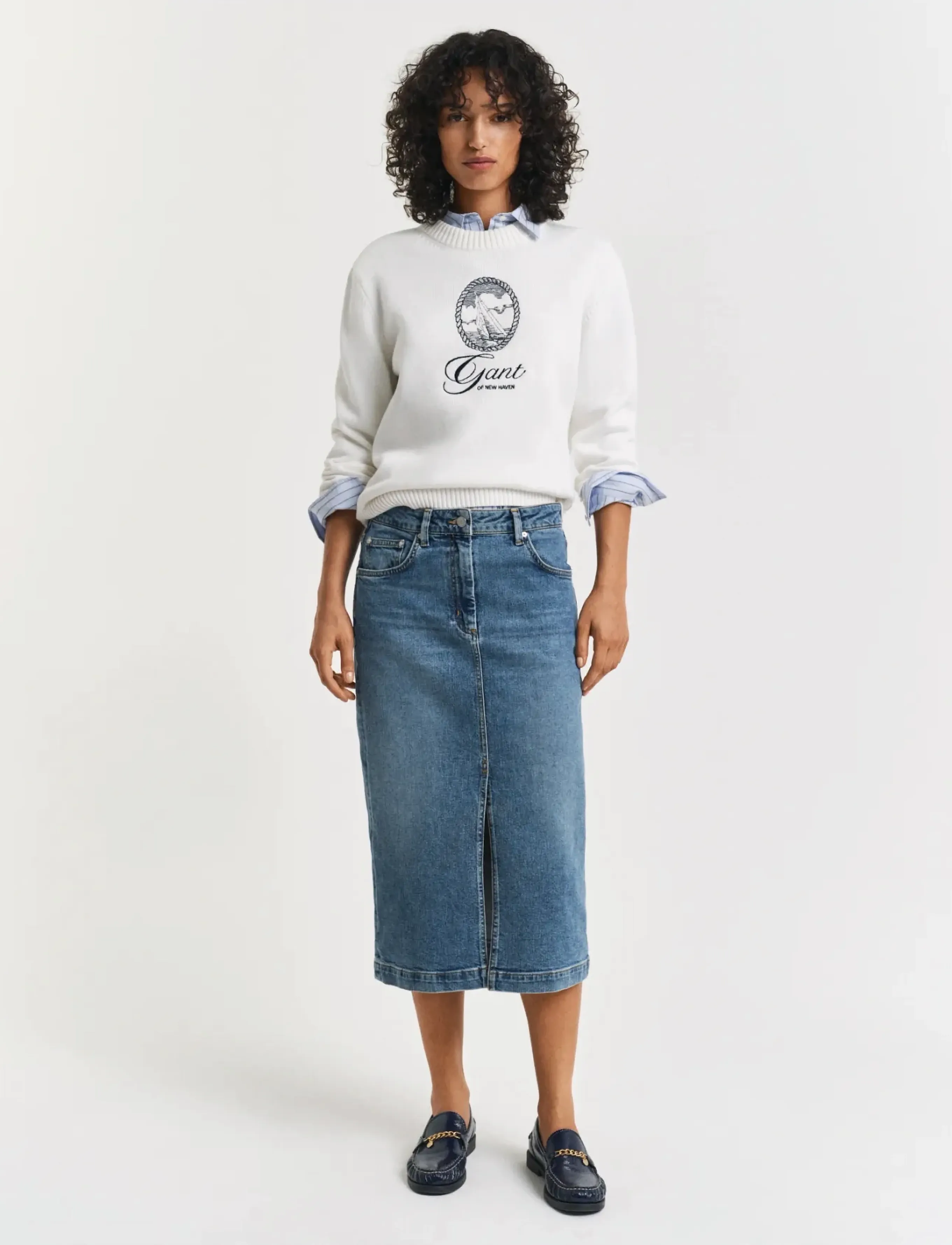 GANT MIDI DENIM SKIRT - Jeansröcke - MID BLUE BROKEN IN / blue