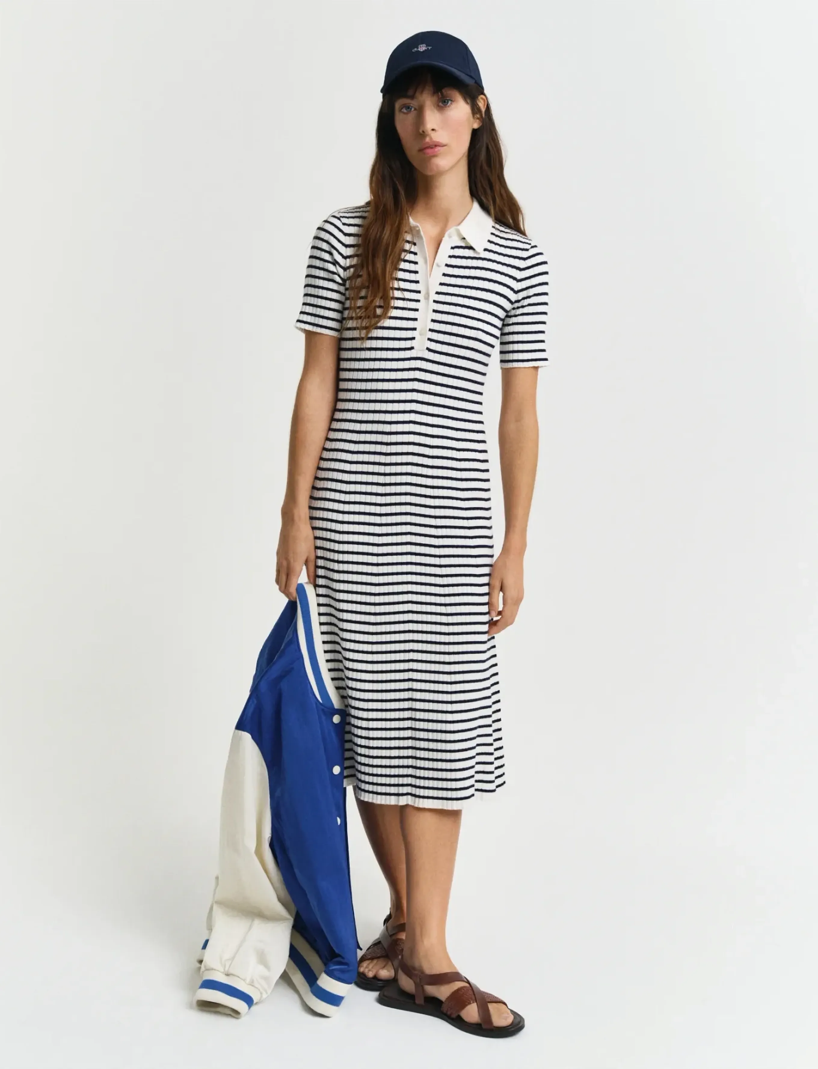 Gant Rib Knit Striped Rugger Ss Dress, Kvinder, Kortærmet Stribet Strik Polo Kjole, Cream, Str: XL