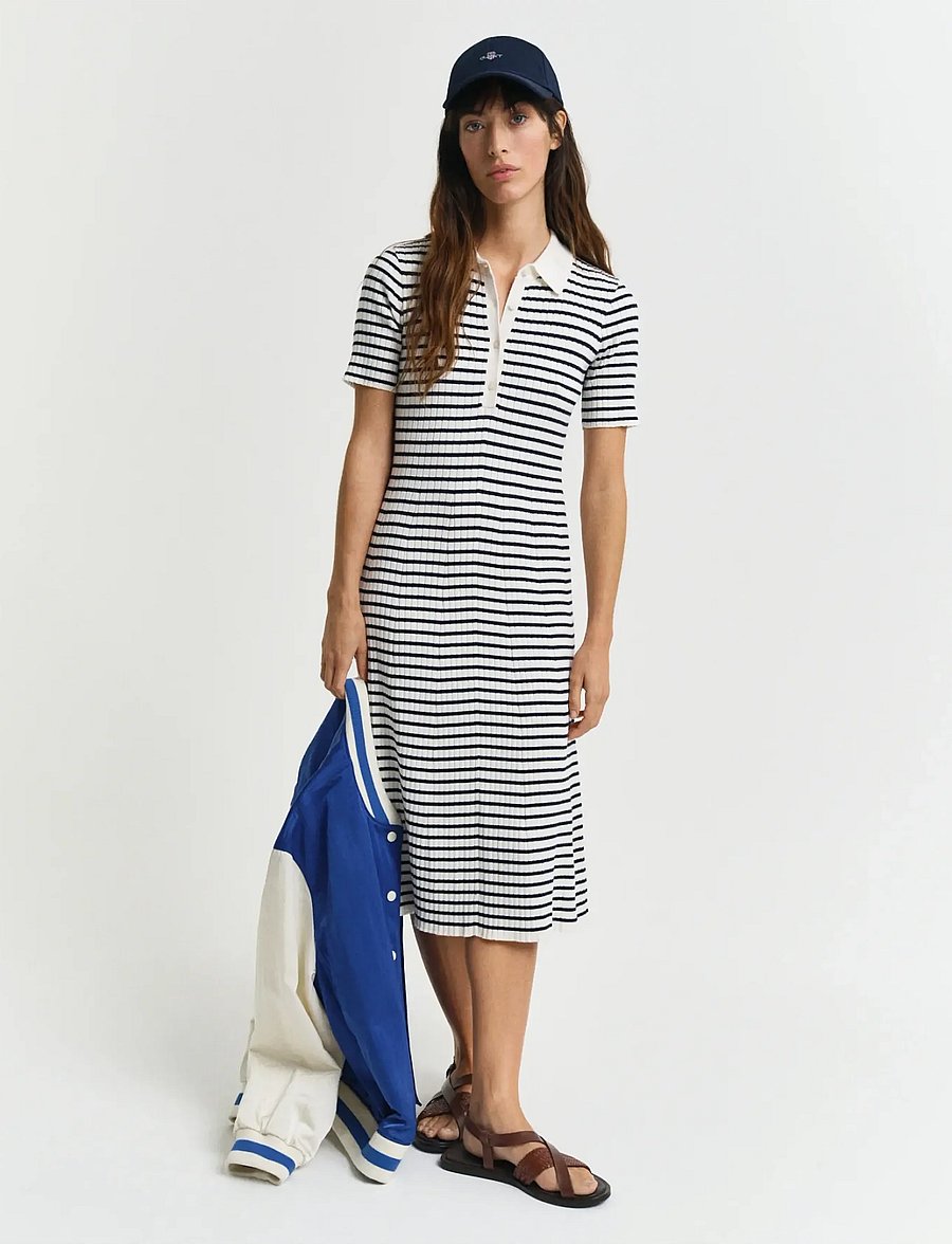 Gant - RIB KNIT STRIPED RUGGER SS DRESS - shirt dresses - evening blue - 0