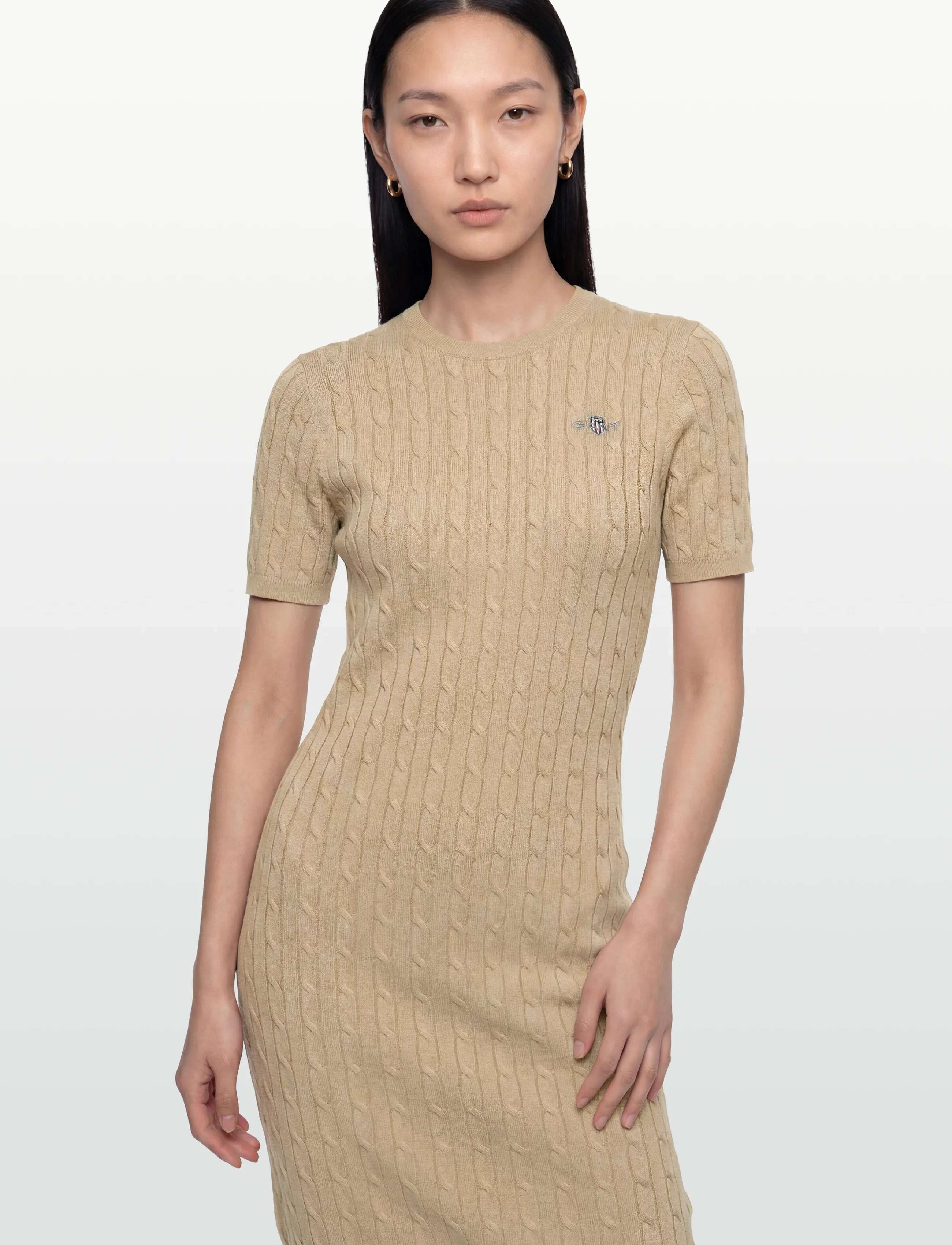Gant - STRETCH COTTON CABLE SS DRESS - knitted dresses - oat beige - 3